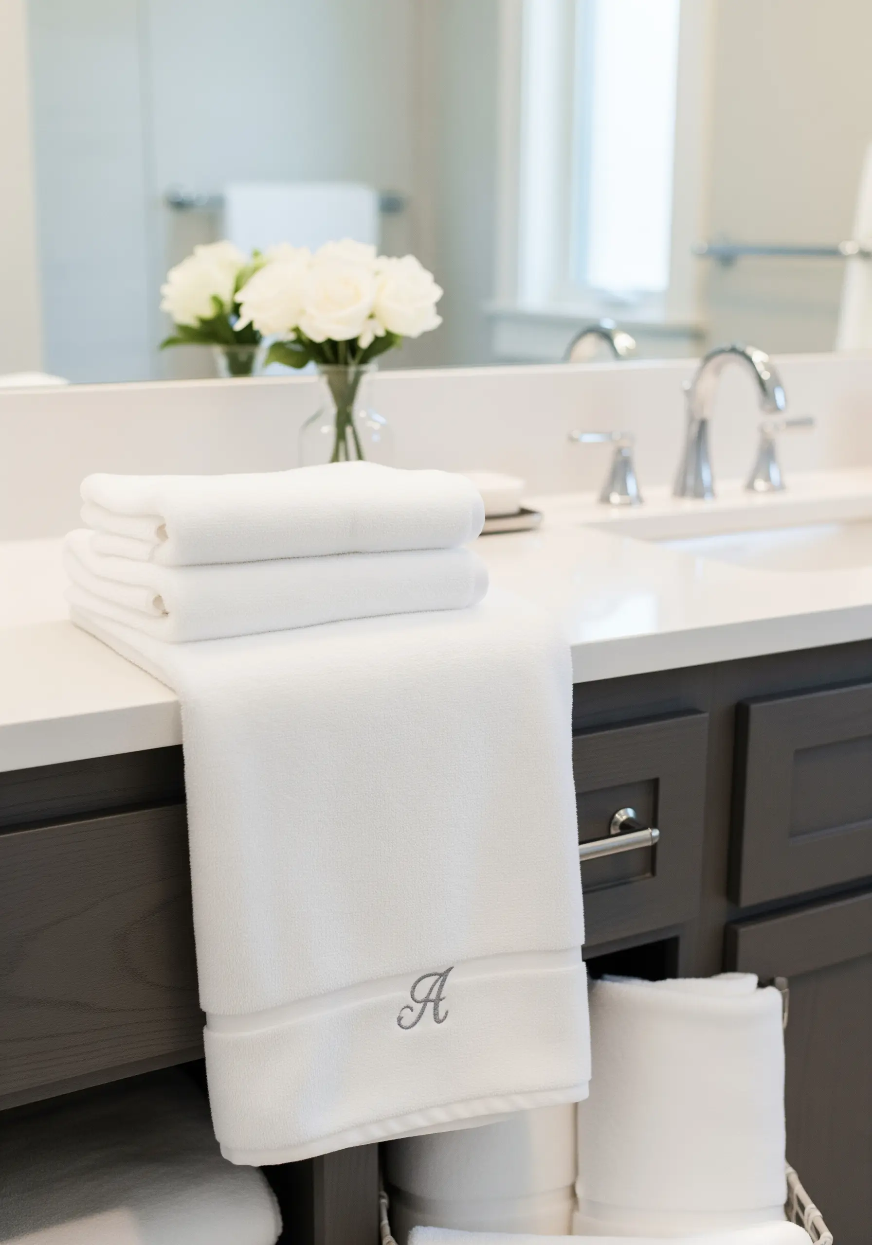 A subtle grey monogram 'A' embroidered on the band of a fluffy white bathroom towel.