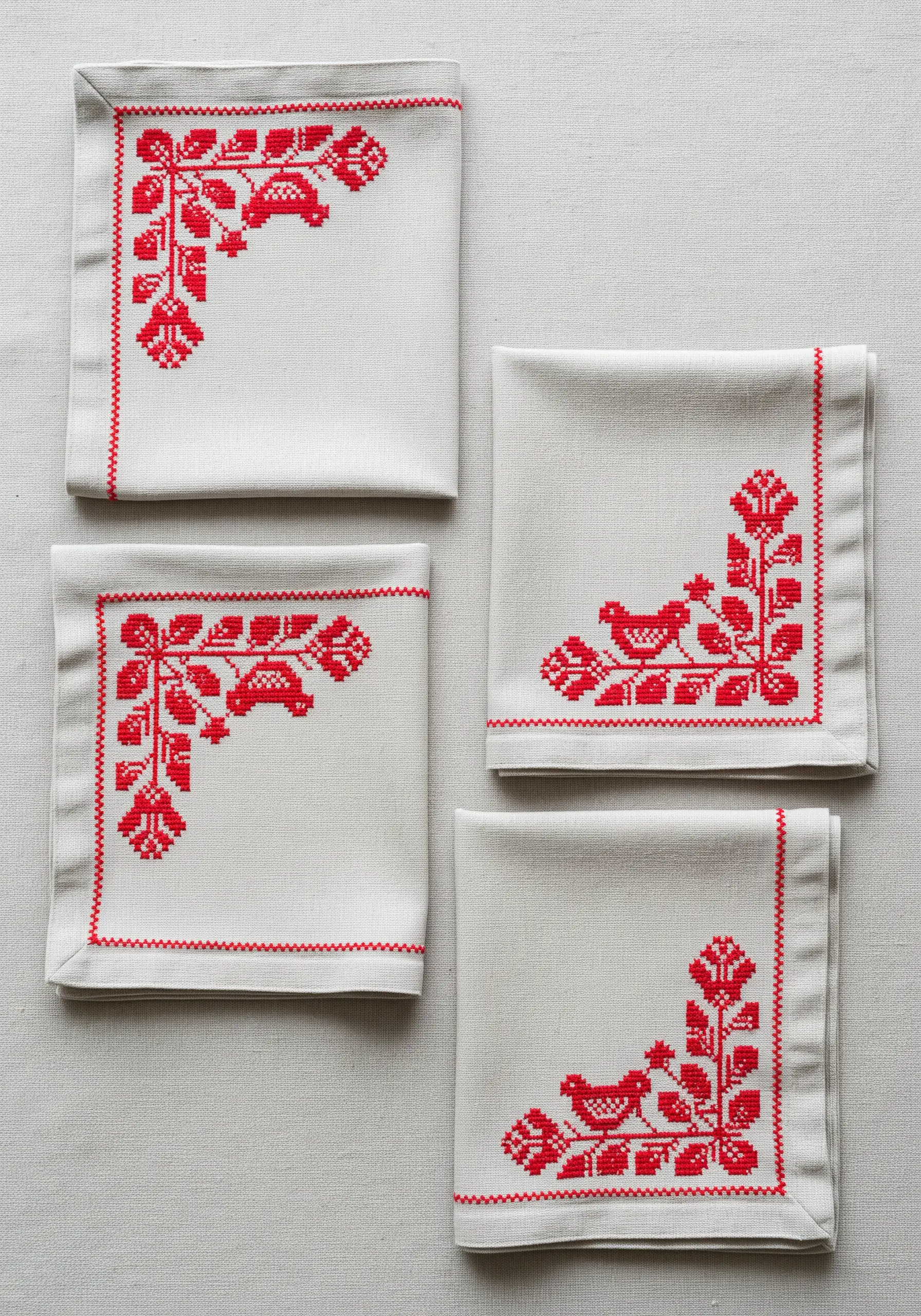 Four white napkins with a traditional red cross-stitch pattern of birds and florals in the corners.