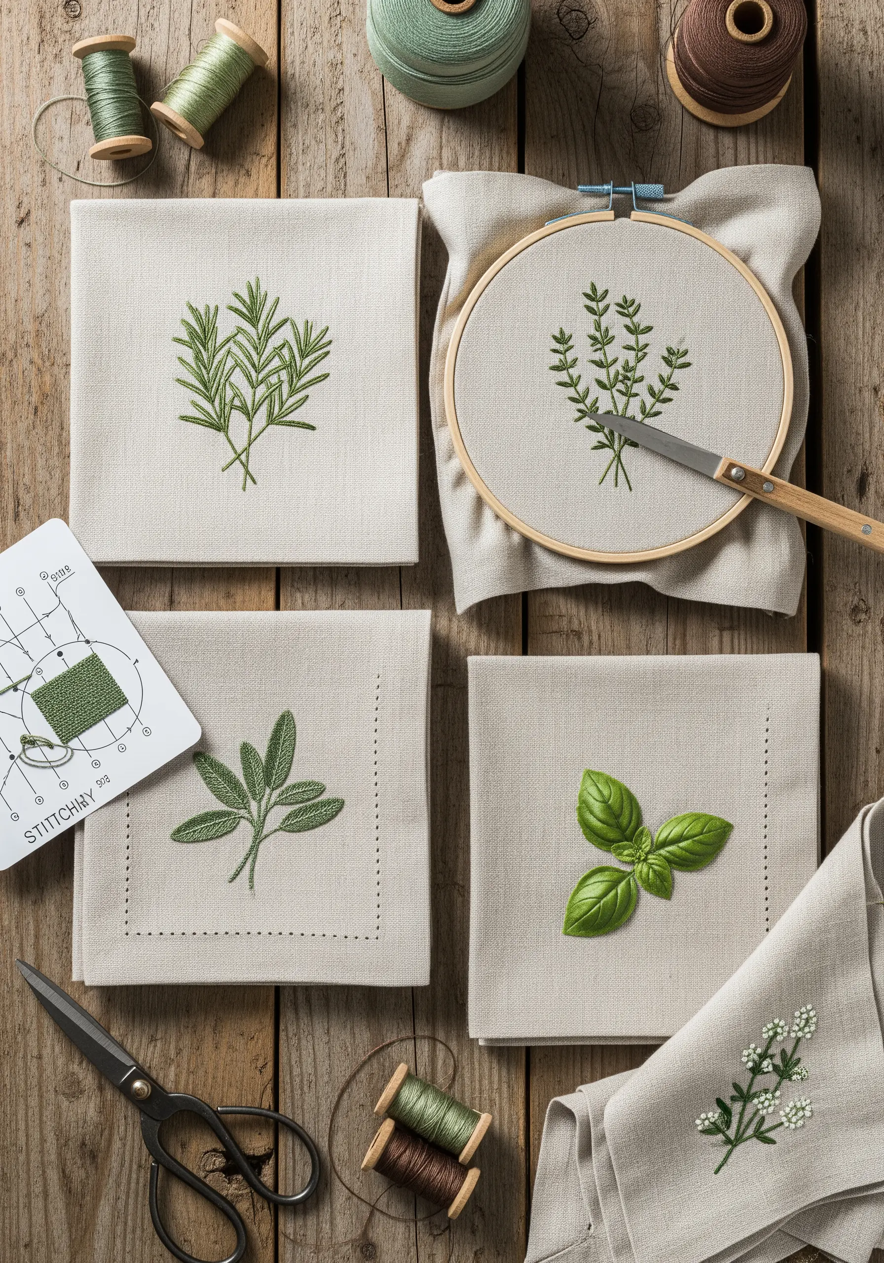 Linen napkins embroidered with delicate green herbs like rosemary, thyme, and sage.