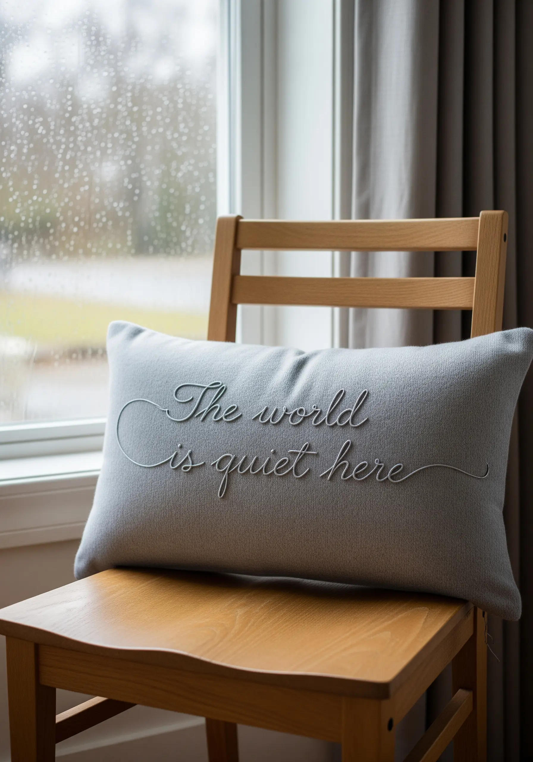 Delicate, light gray script embroidered on a slightly darker gray lumbar pillow.