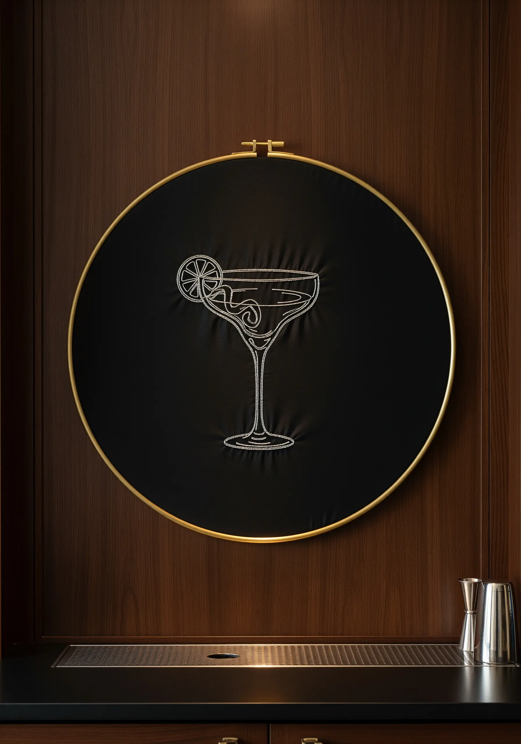 A cocktail glass outlined in fine white thread on black fabric, displayed in a gold hoop.