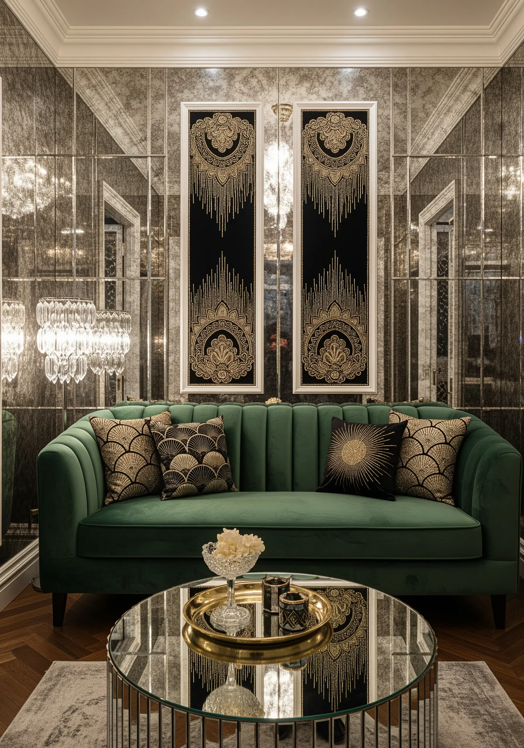 Two tall, framed black panels with intricate gold metallic Art Deco embroidery.