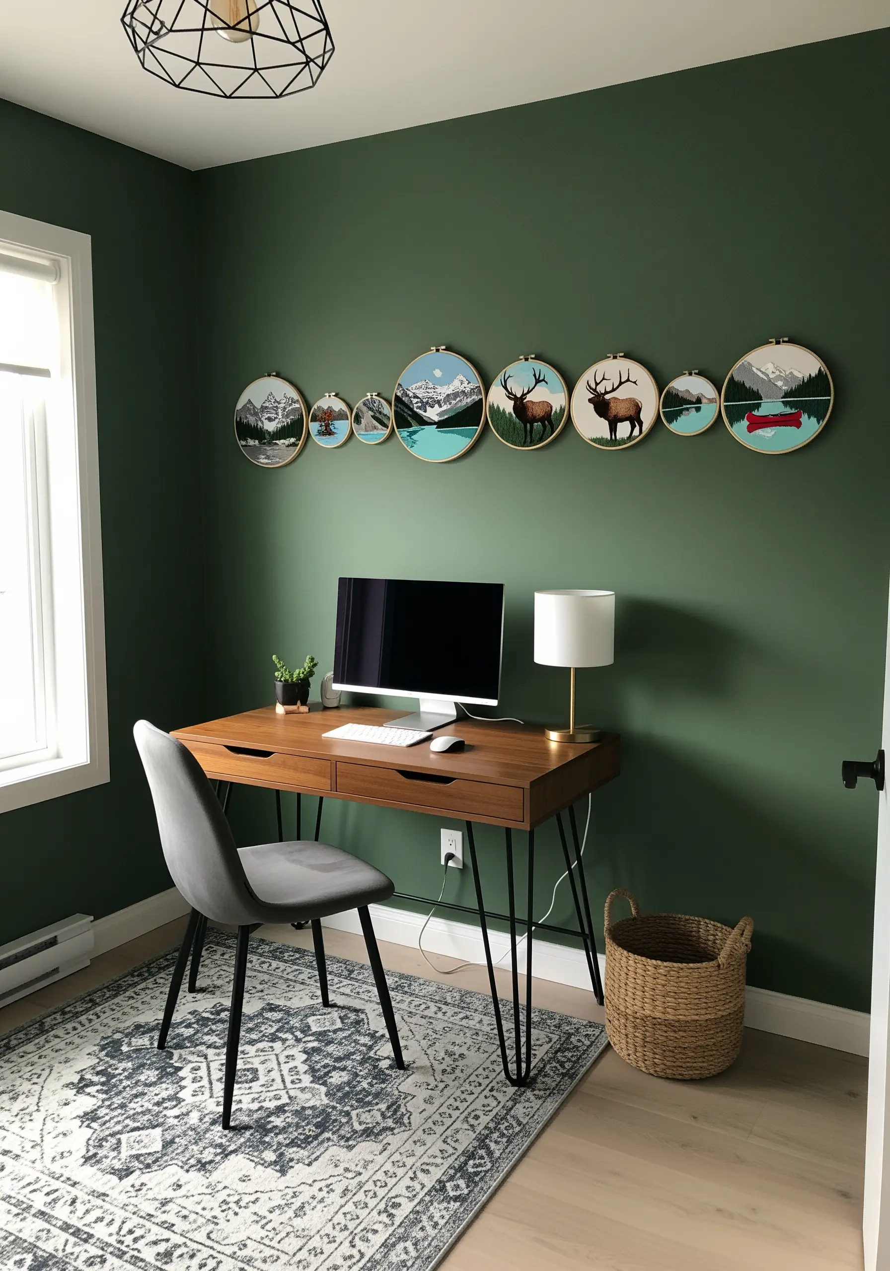 A line of seven Canada-themed embroidery hoops with mountain lakes and elk above a desk.