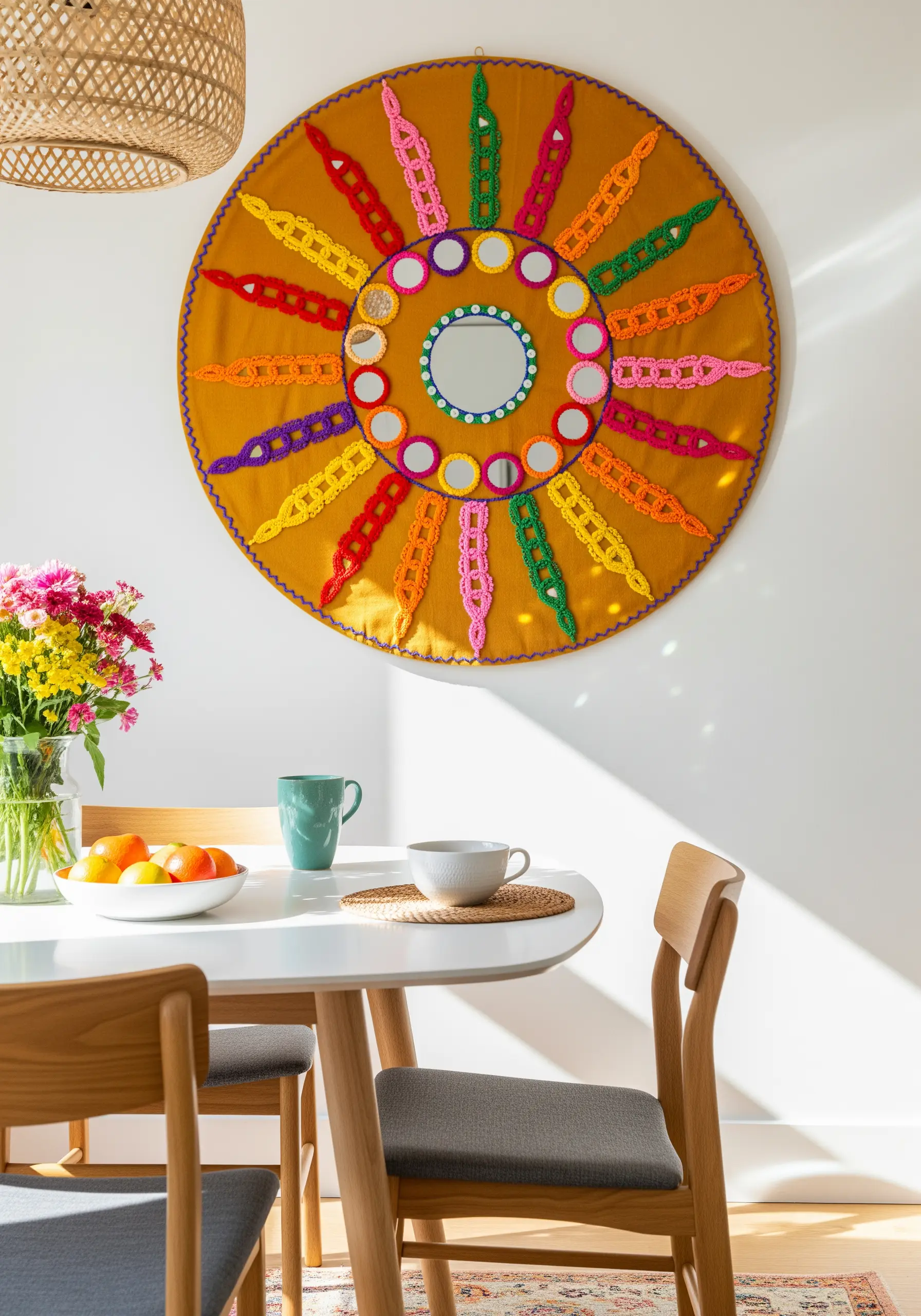A round, mustard-yellow wall hanging decorated with colorful stitches and small, round Shisha mirrors.