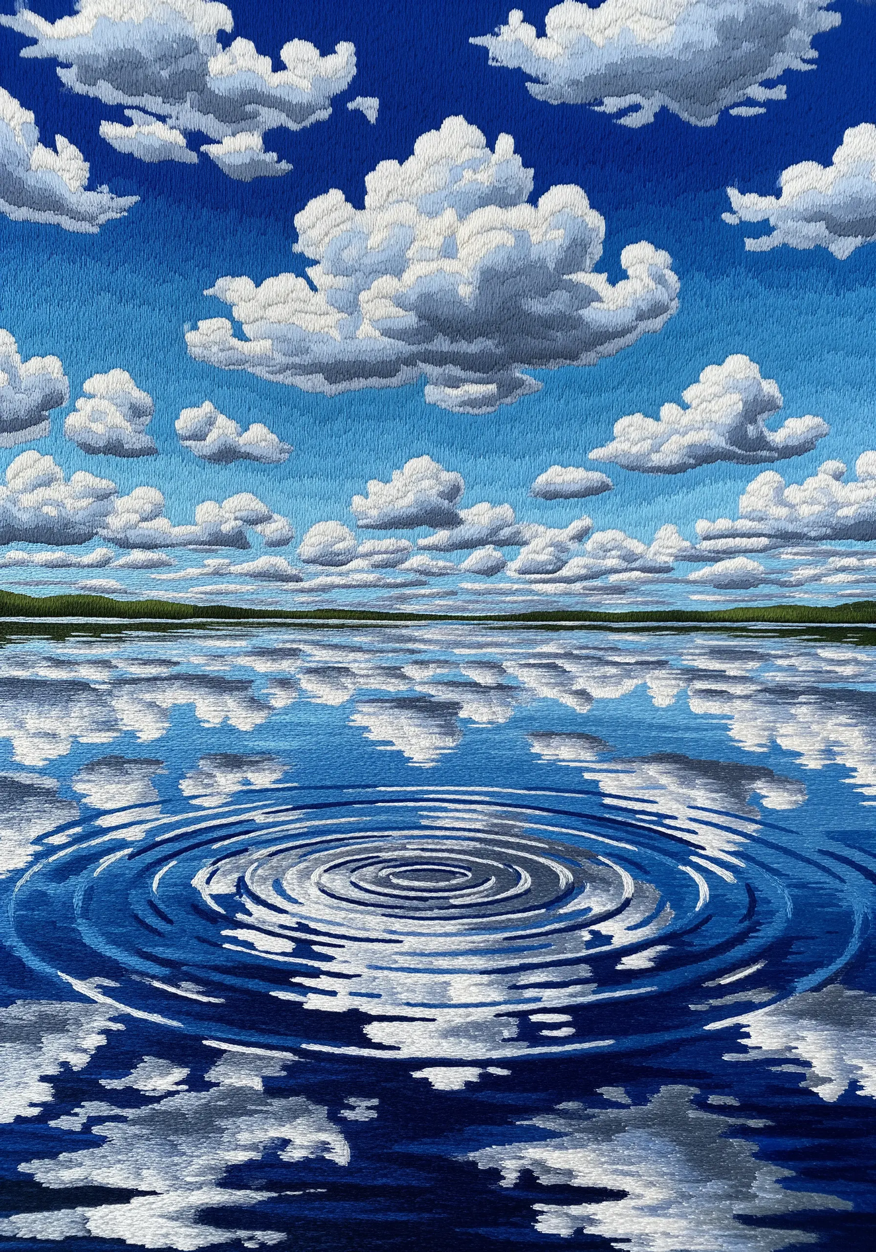 Blue sky reflected in water with ripple effect embroidery