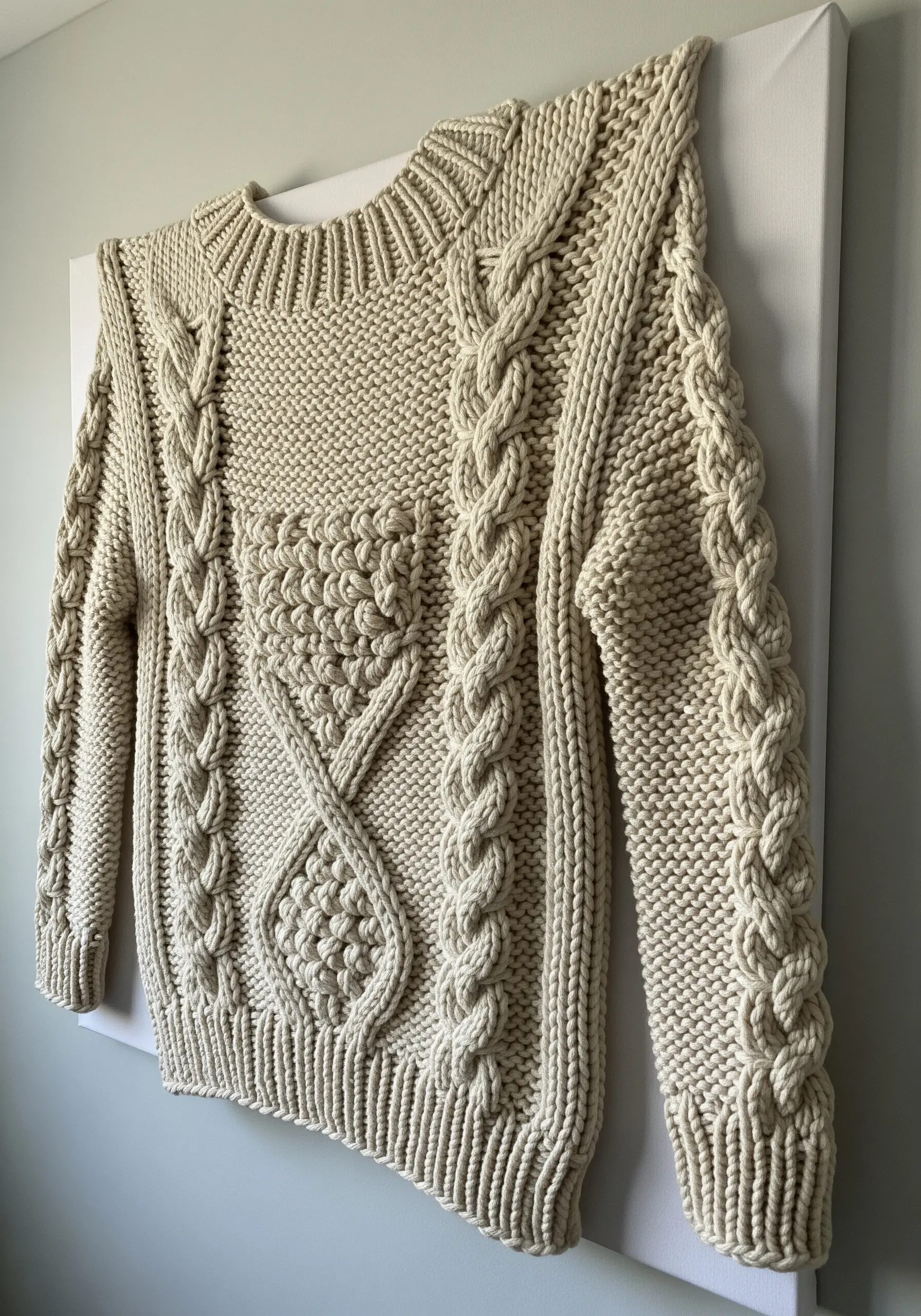 A chunky cream-colored cable-knit sweater mounted and displayed on a white canvas as wall art.