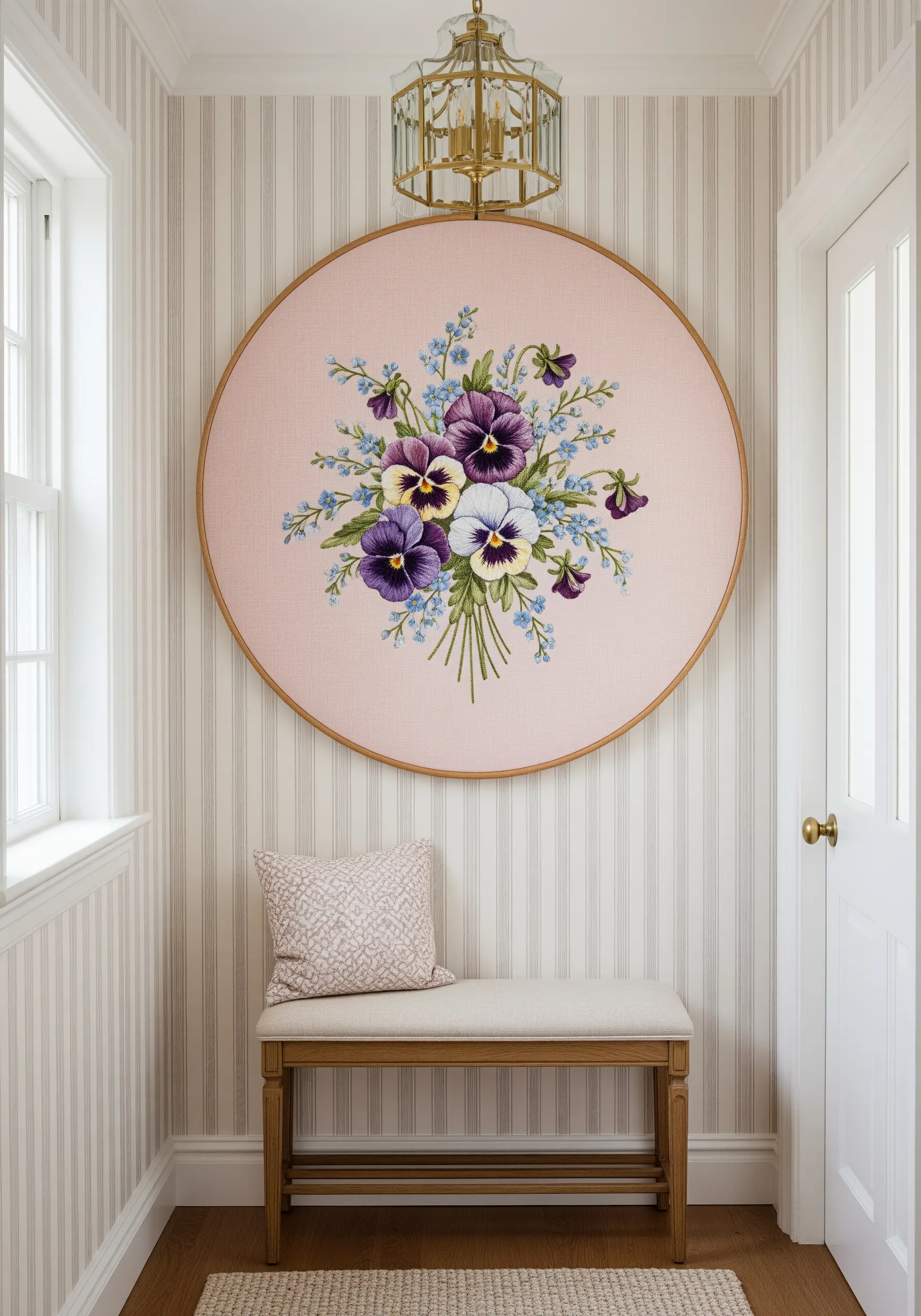 A large embroidery hoop framing a beautiful bouquet of pansies on pink fabric.