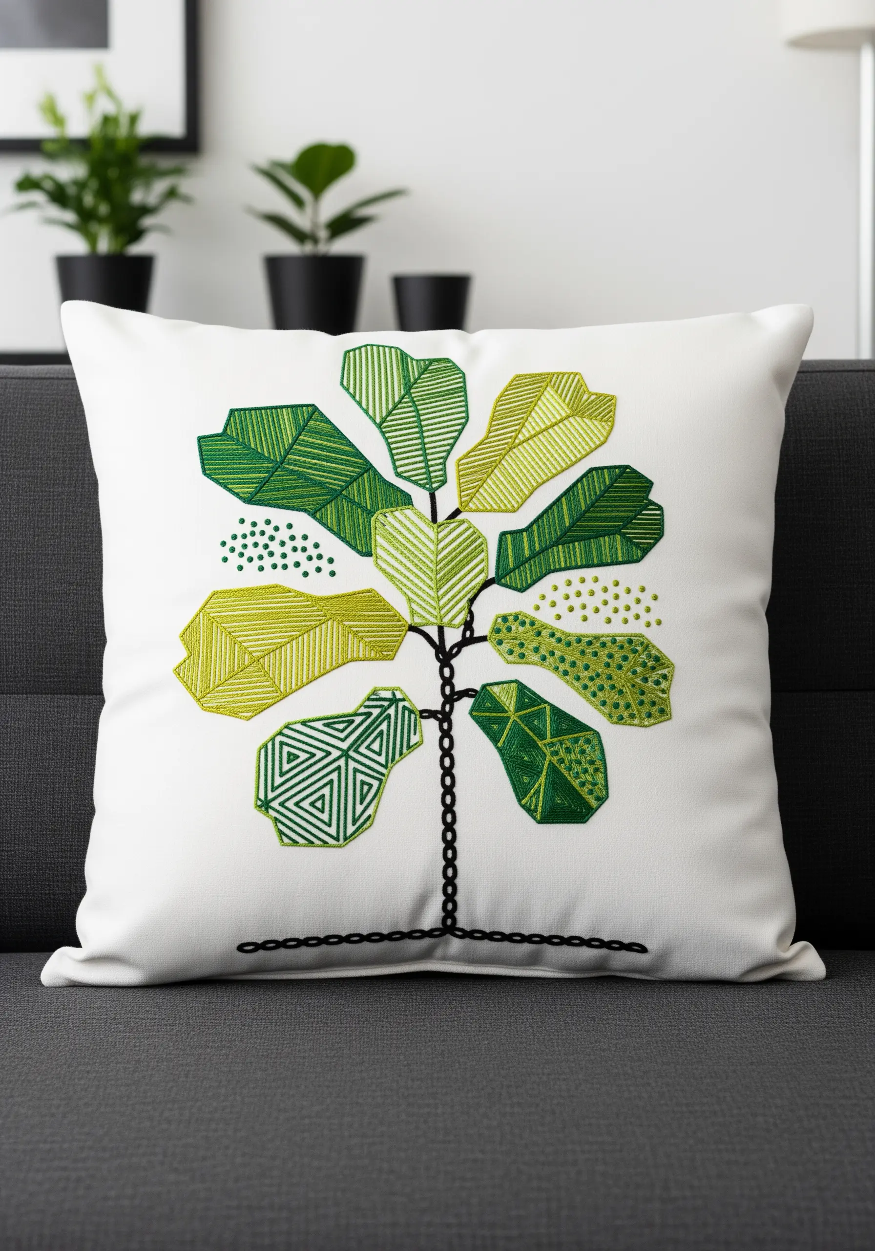 A modern, geometric interpretation of a fiddle leaf fig tree using patterned fills.