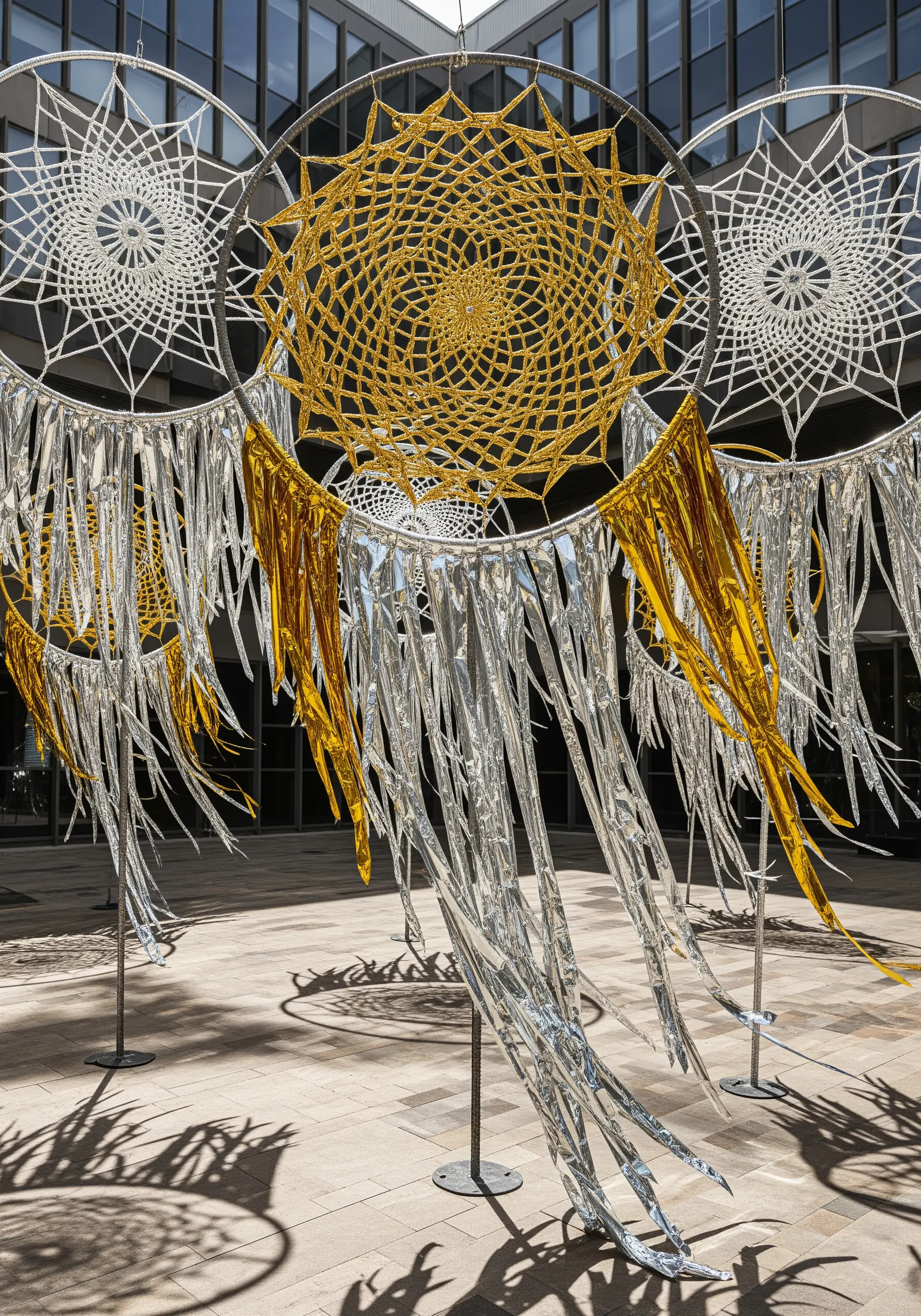 Giant dreamcatcher sculptures made with metal hoops, white rope, and shimmering gold and silver streamers.