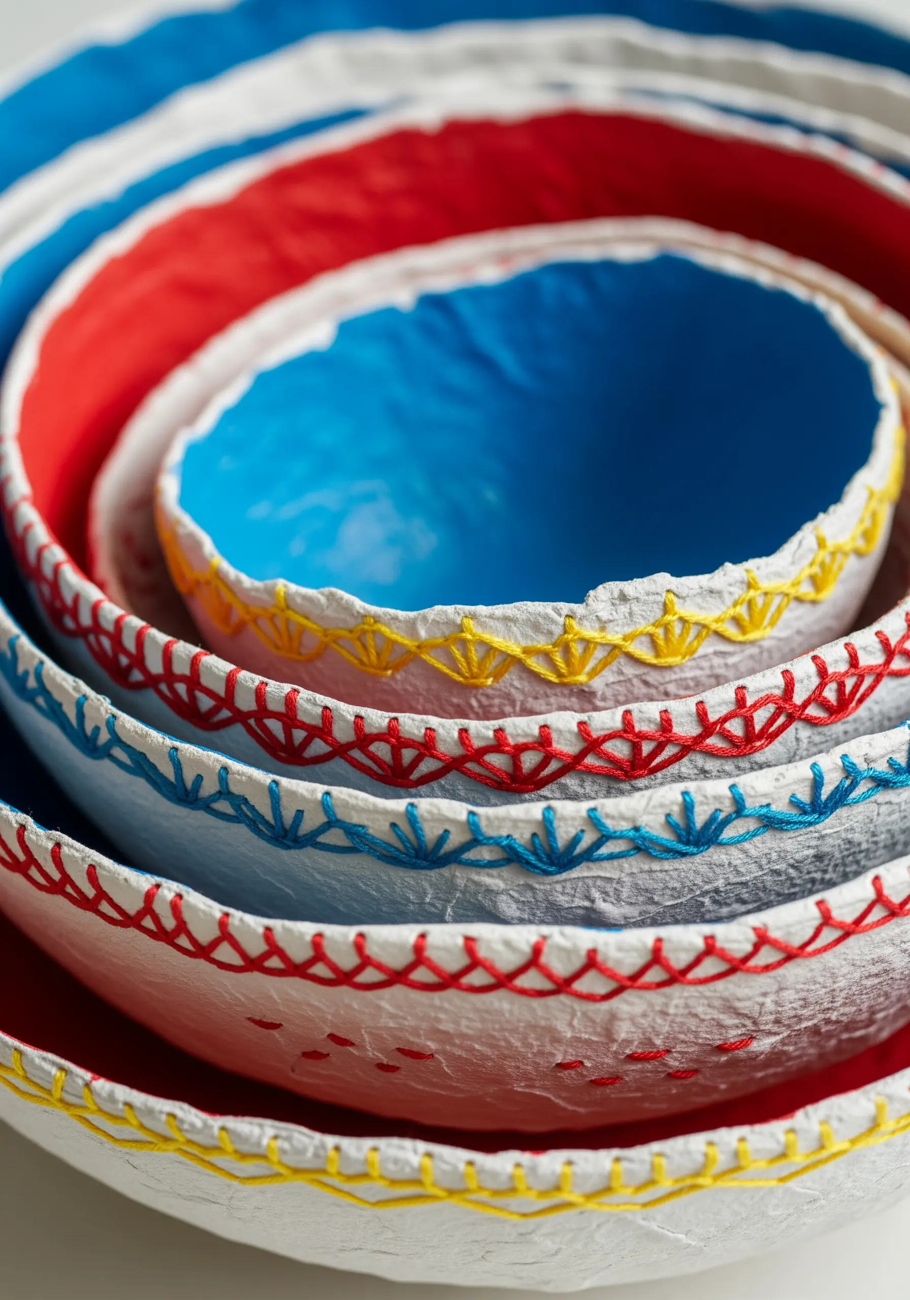 Stacked papier-mâché bowls with colorful cross-stitching along the rims.