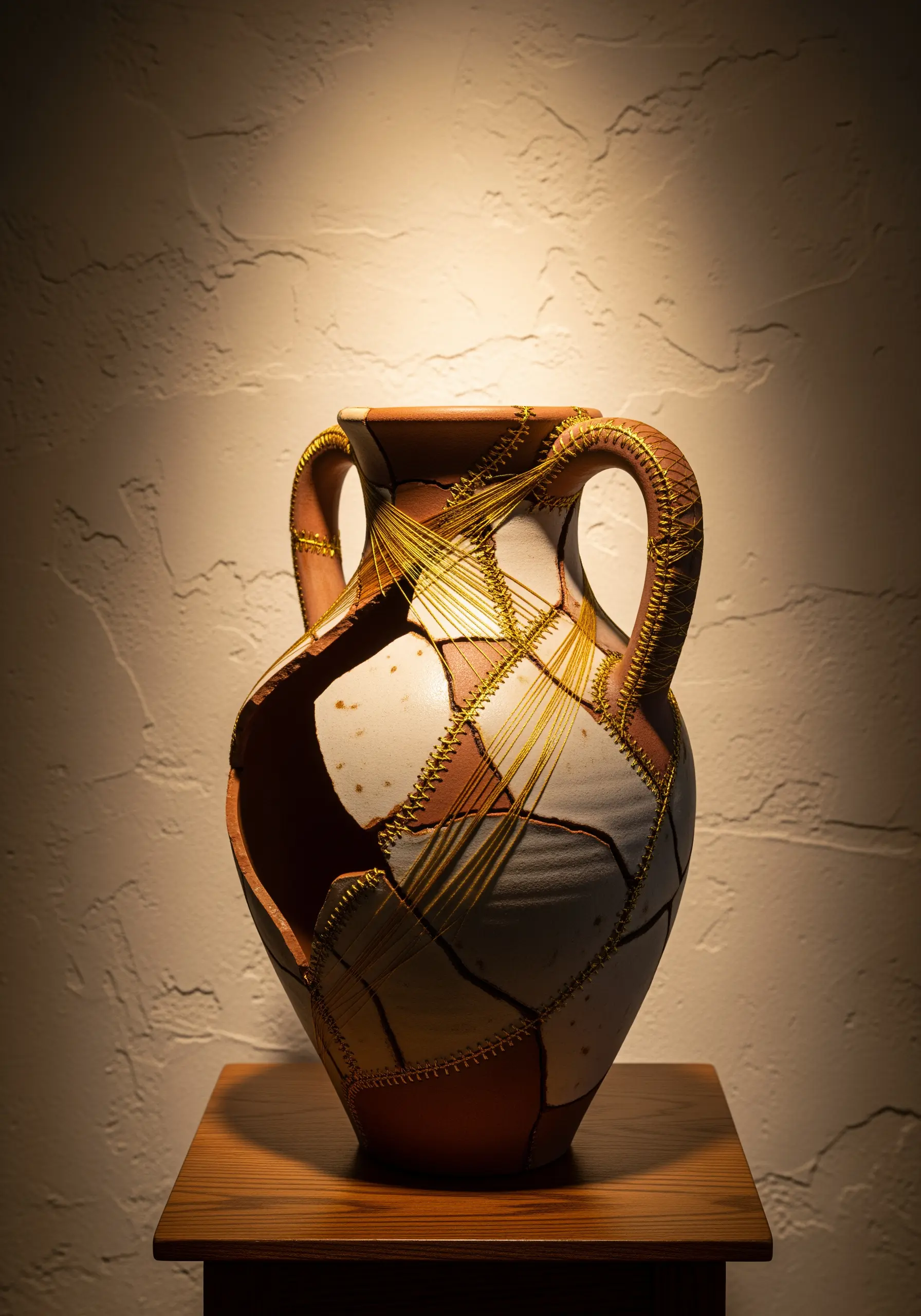A broken ceramic vase stitched back together with gold thread in a style resembling Kintsugi.