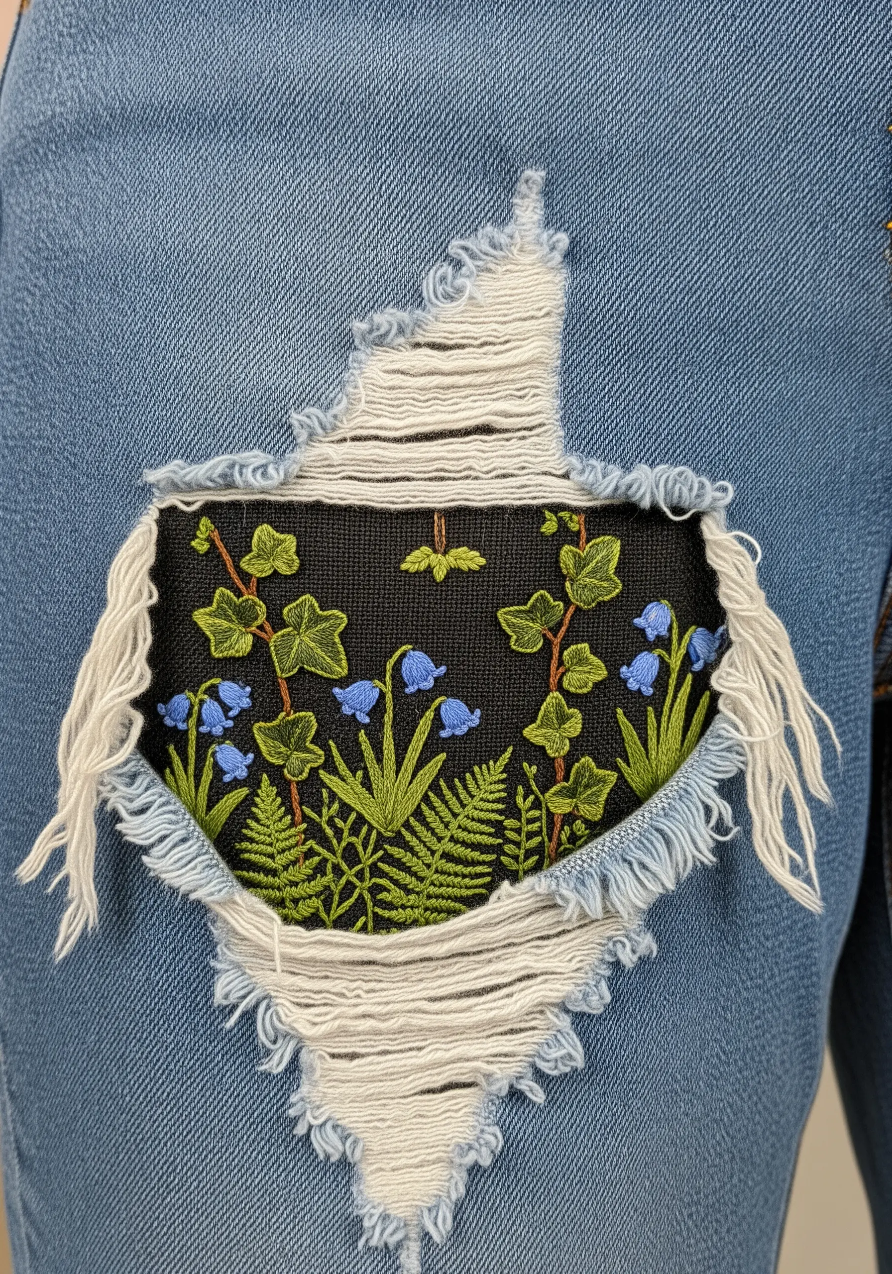 A ripped knee in jeans reveals a hidden embroidered garden of bluebells and ivy on a dark patch.