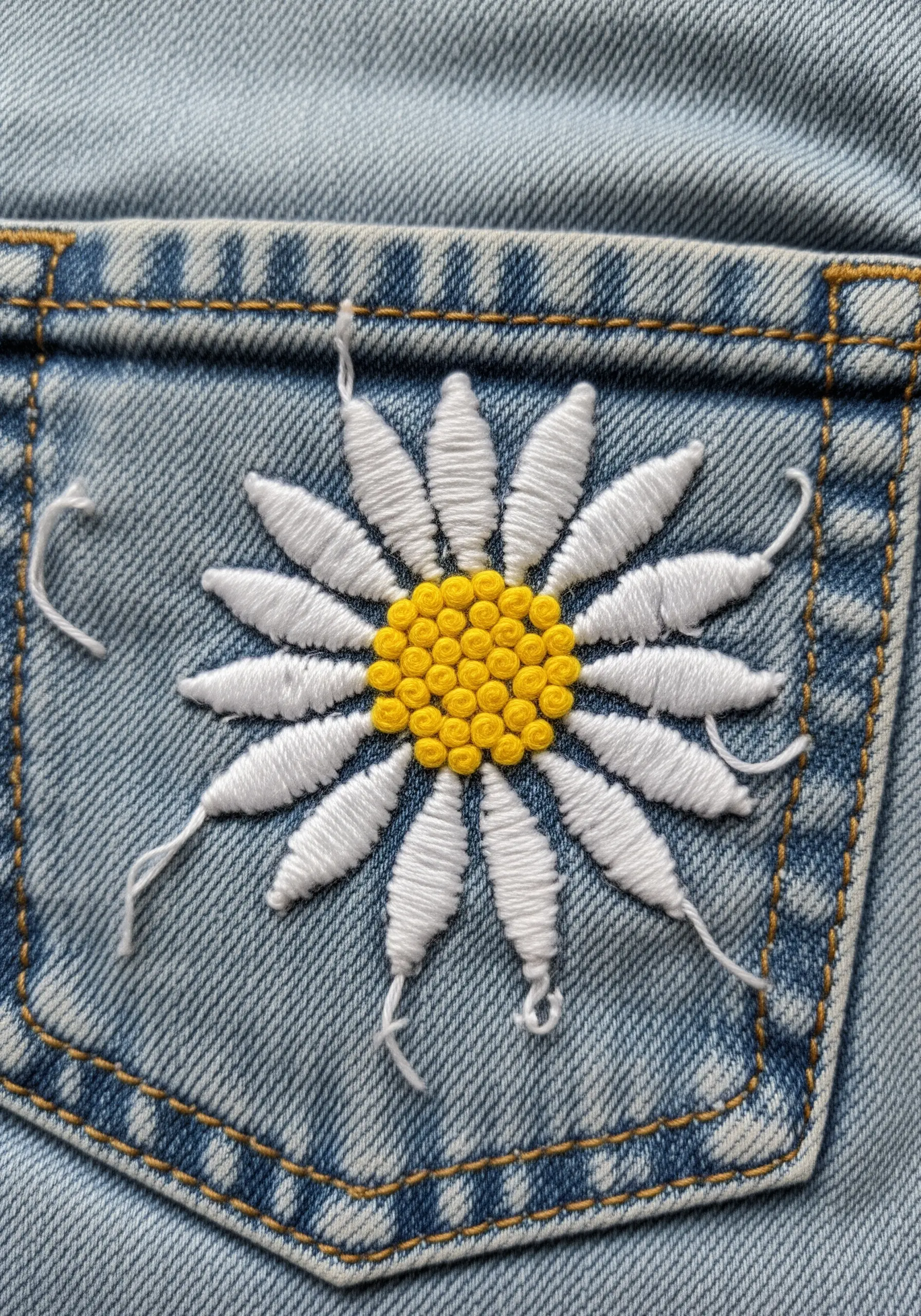 A large daisy with detached chain stitch petals embroidered over the back pocket of blue jeans.