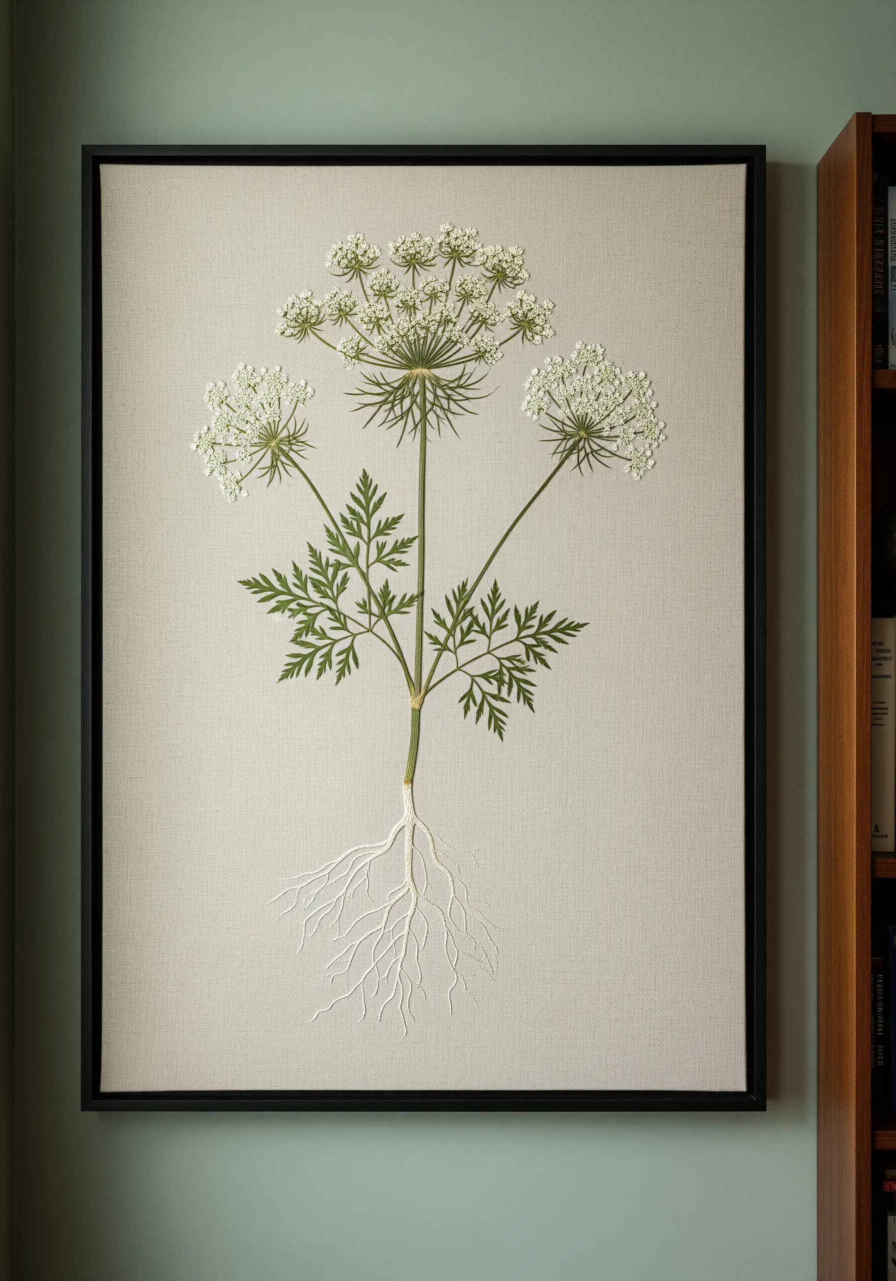 Framed embroidery of Queen Anne's Lace with pressed leaves and stitched roots and flowers.
