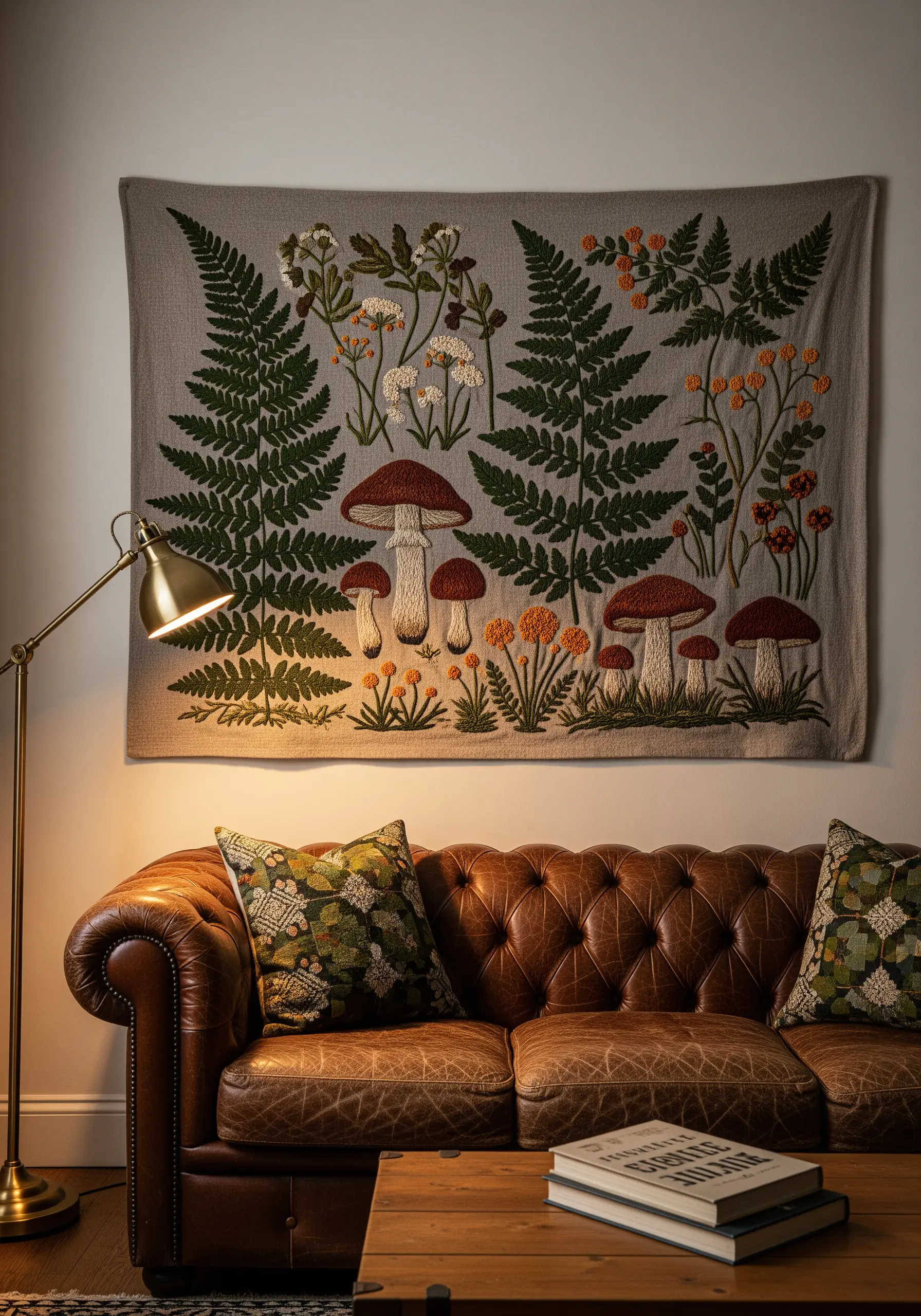 Large embroidered tapestry of mushrooms and ferns hanging above a leather couch.