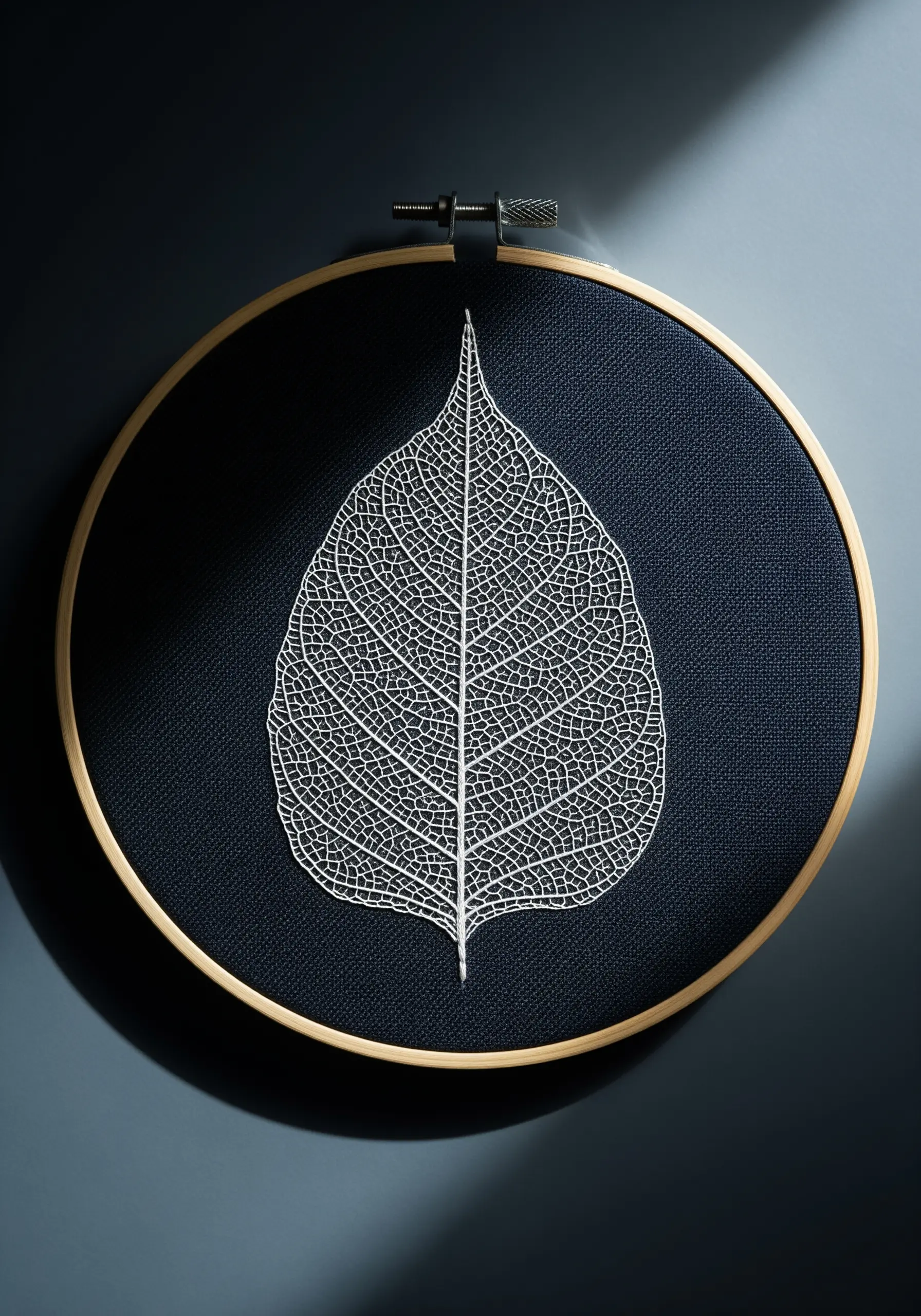 A highly detailed, intricate white embroidery of a skeleton leaf on a black fabric background.