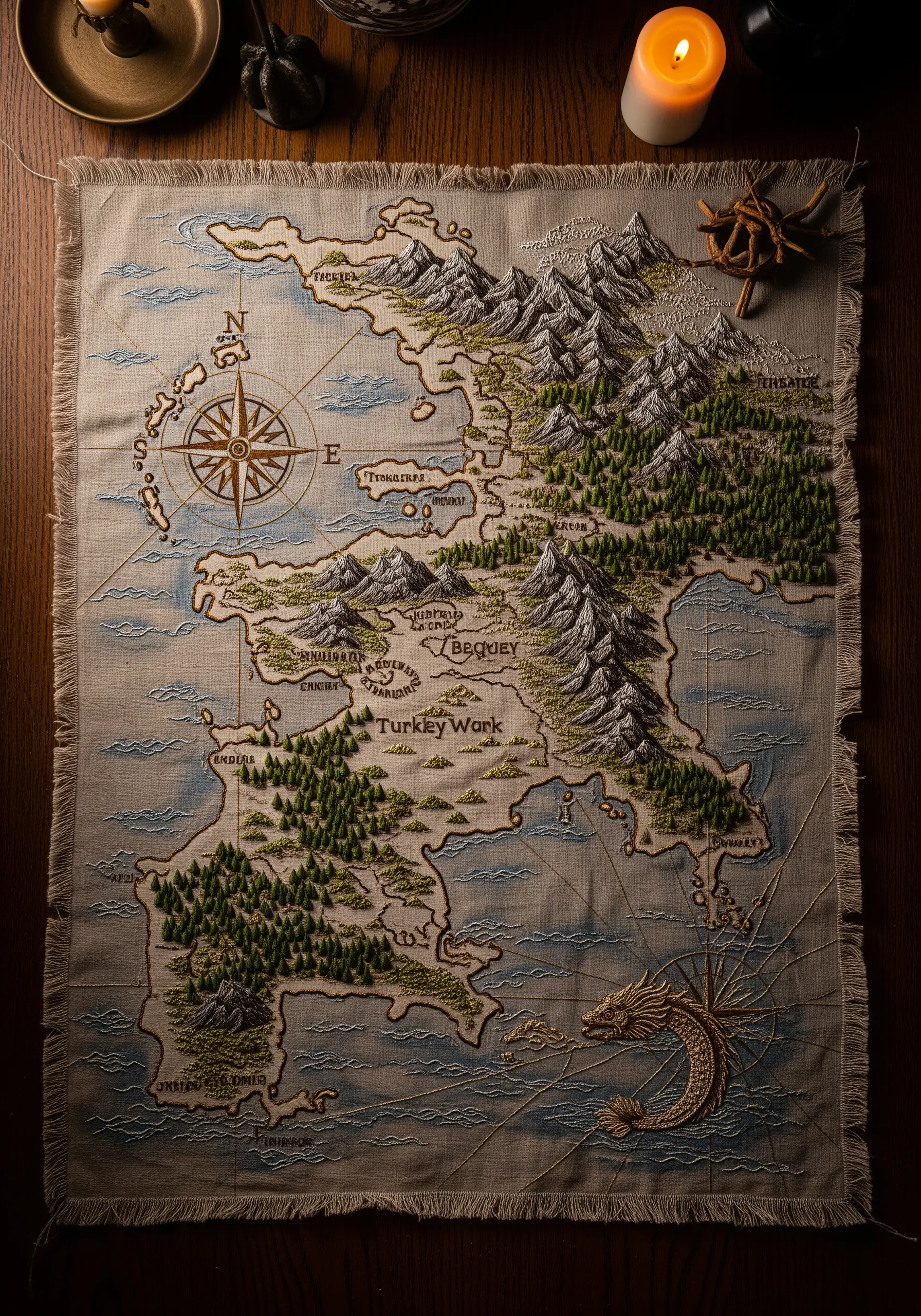 An embroidered map of a fantasy land on linen, with textured mountains, forests, and water.