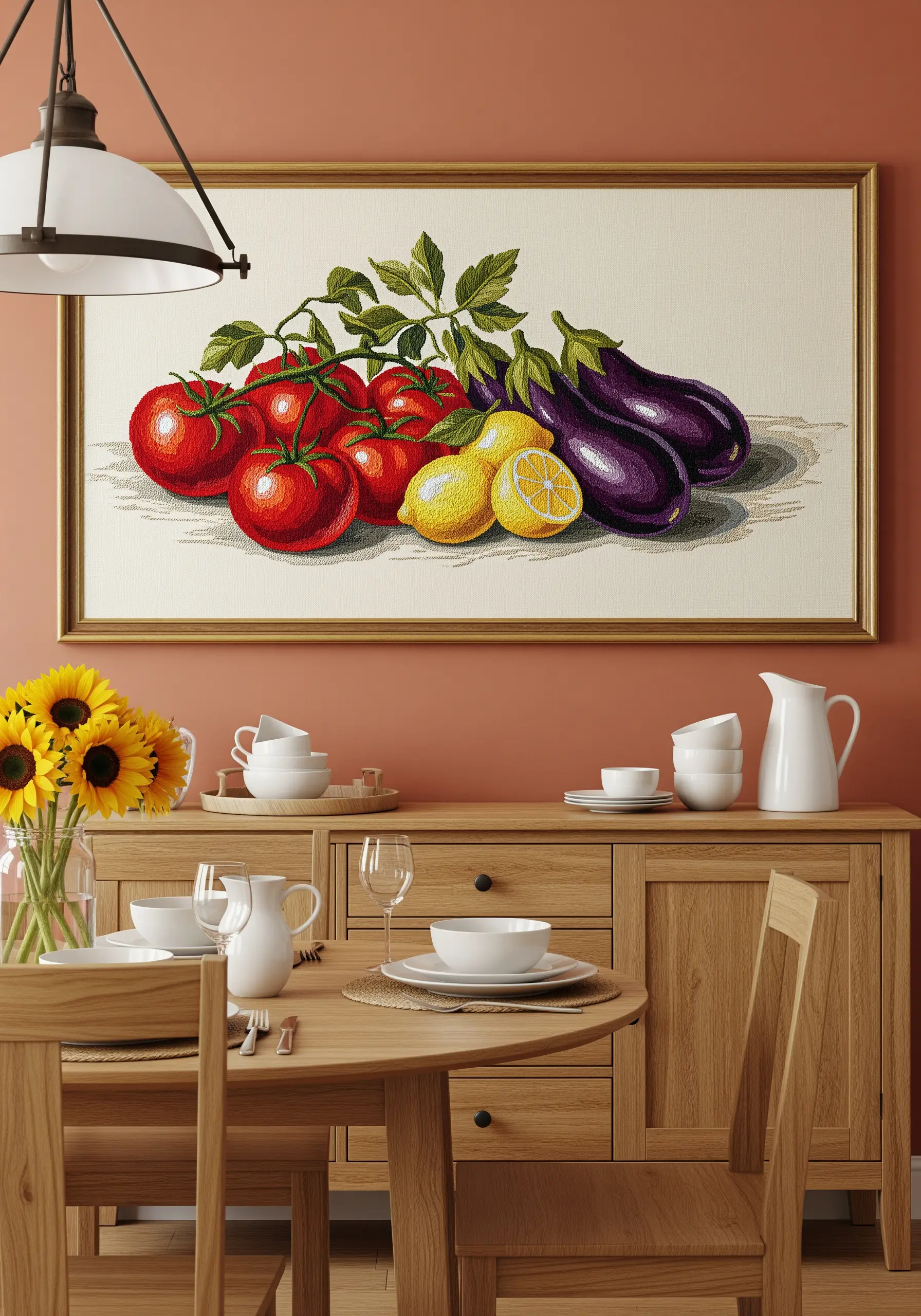 Large, realistic embroidery of tomatoes, lemons, and eggplants hanging in a dining room.