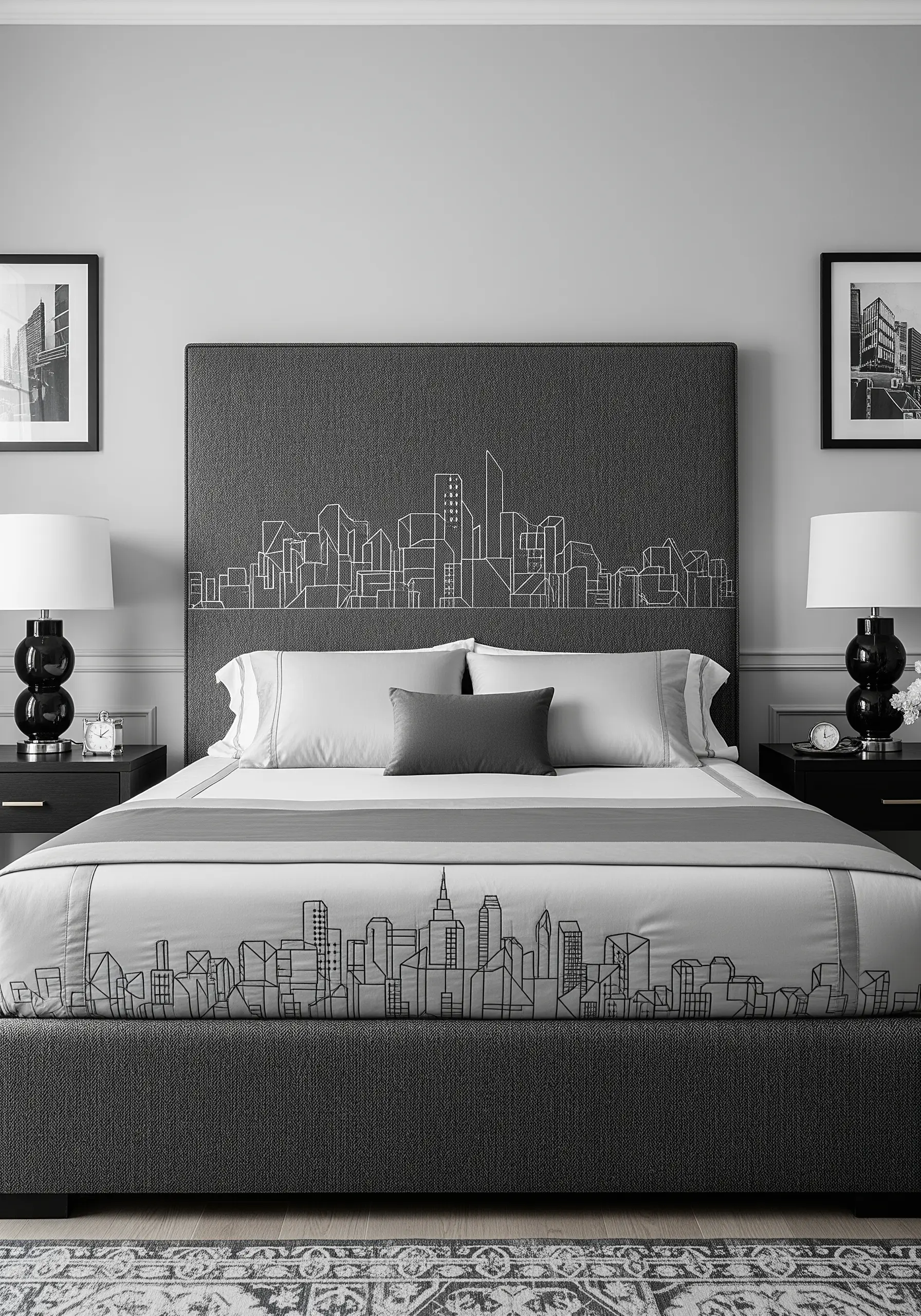 A minimalist white line art cityscape embroidered on a dark gray headboard and bed runner.