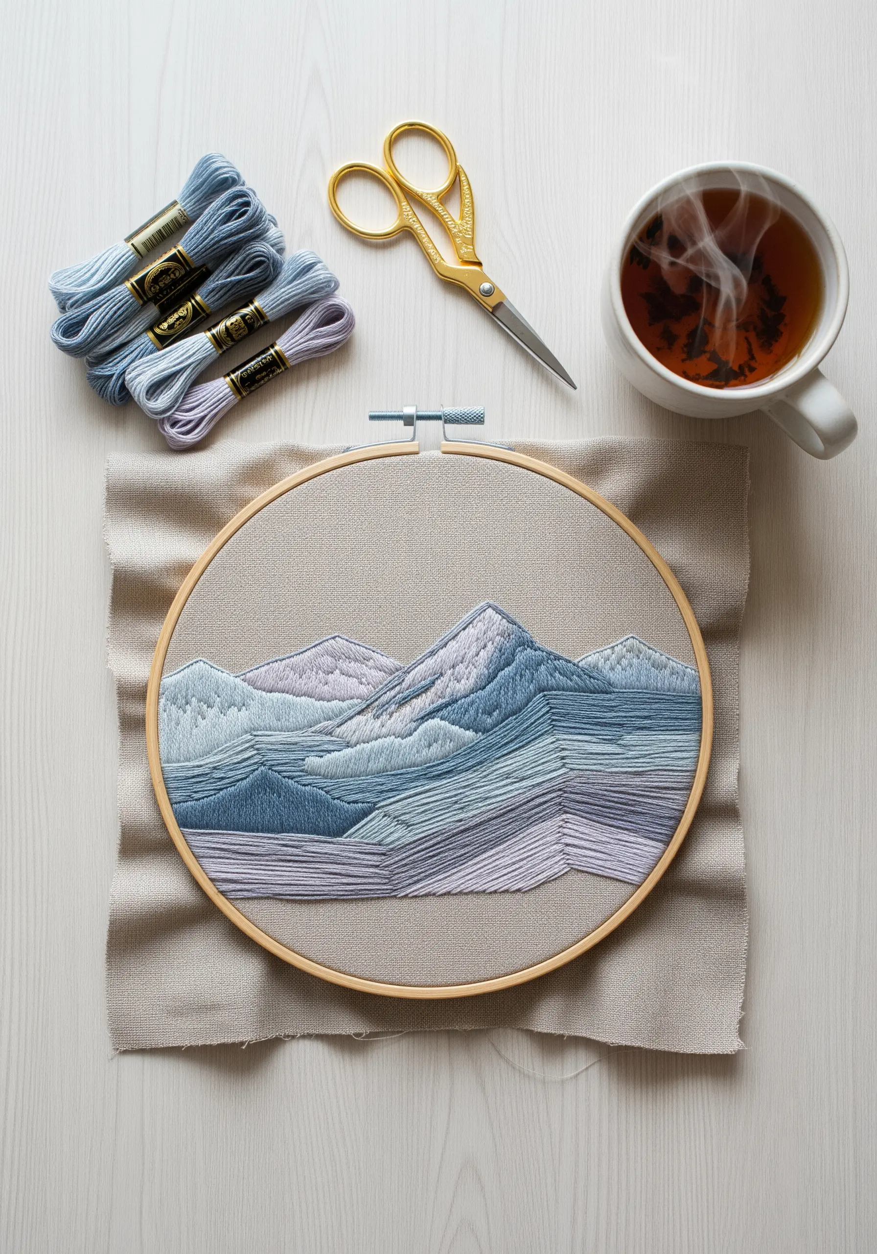 Embroidered mountain range with layered horizontal stitches in shades of blue and lavender.