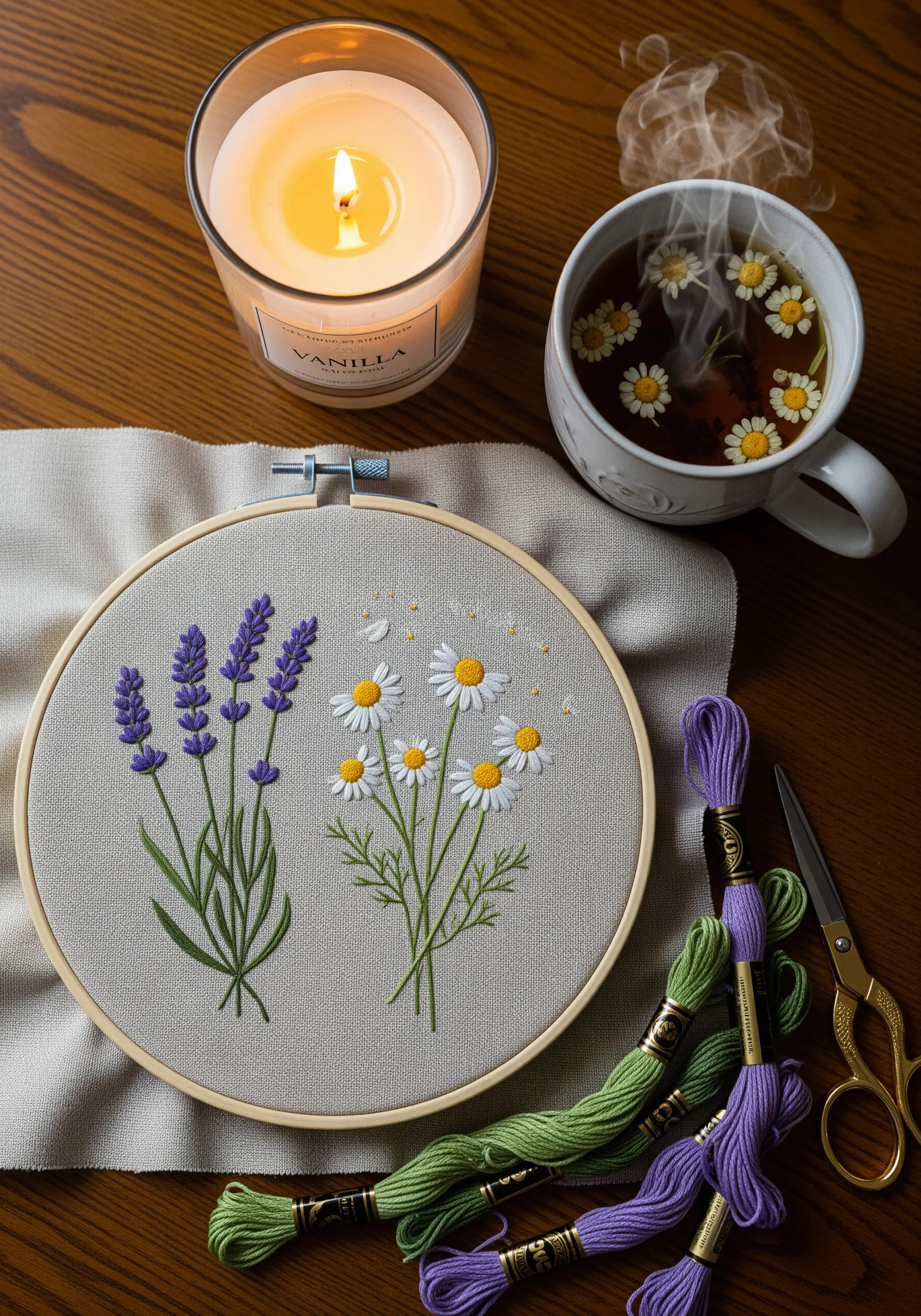 Embroidery hoop with lavender and chamomile flowers stitched in satin stitch and French knots.