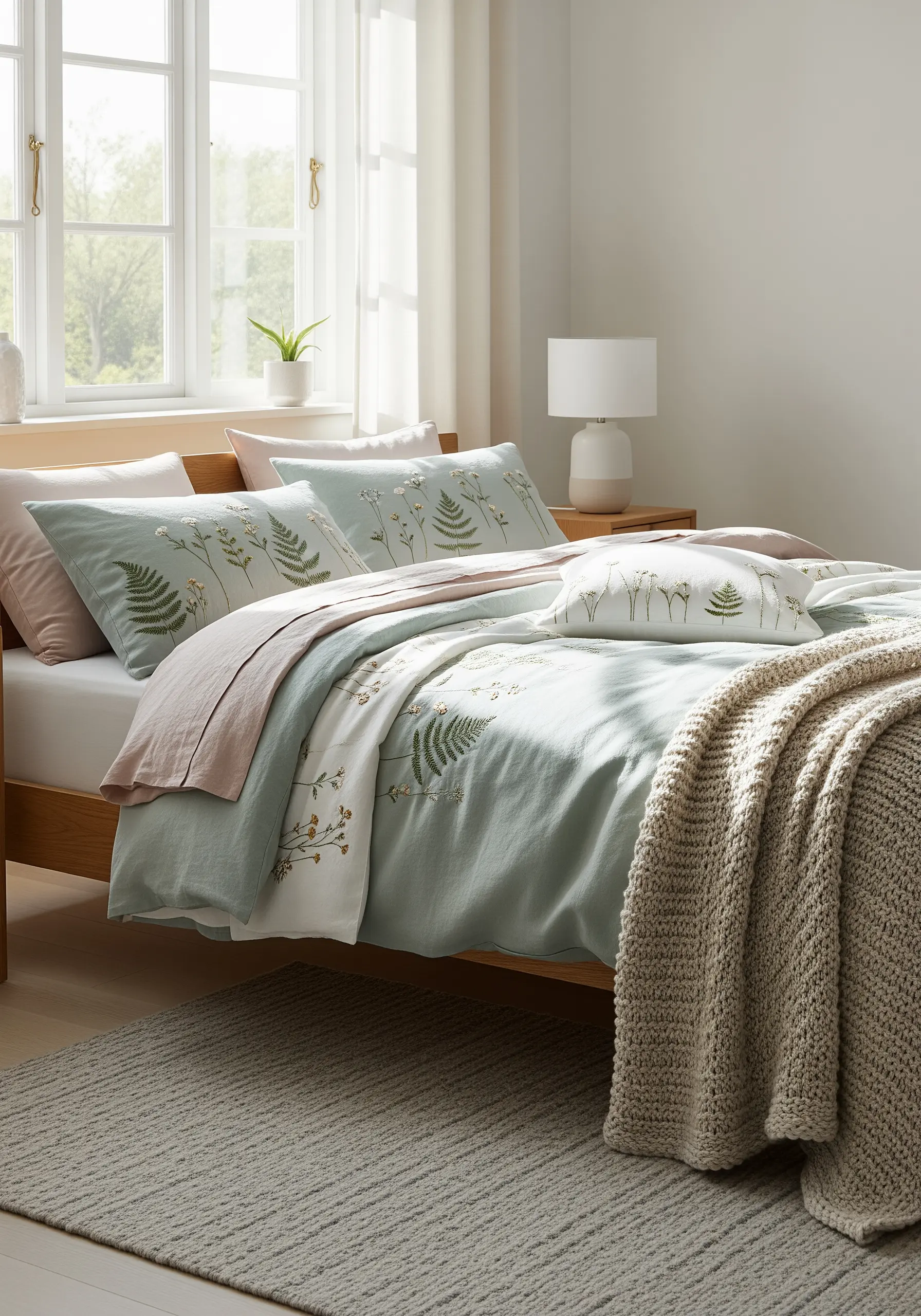 Delicate green fern and wildflower embroidery on a sage green duvet cover.