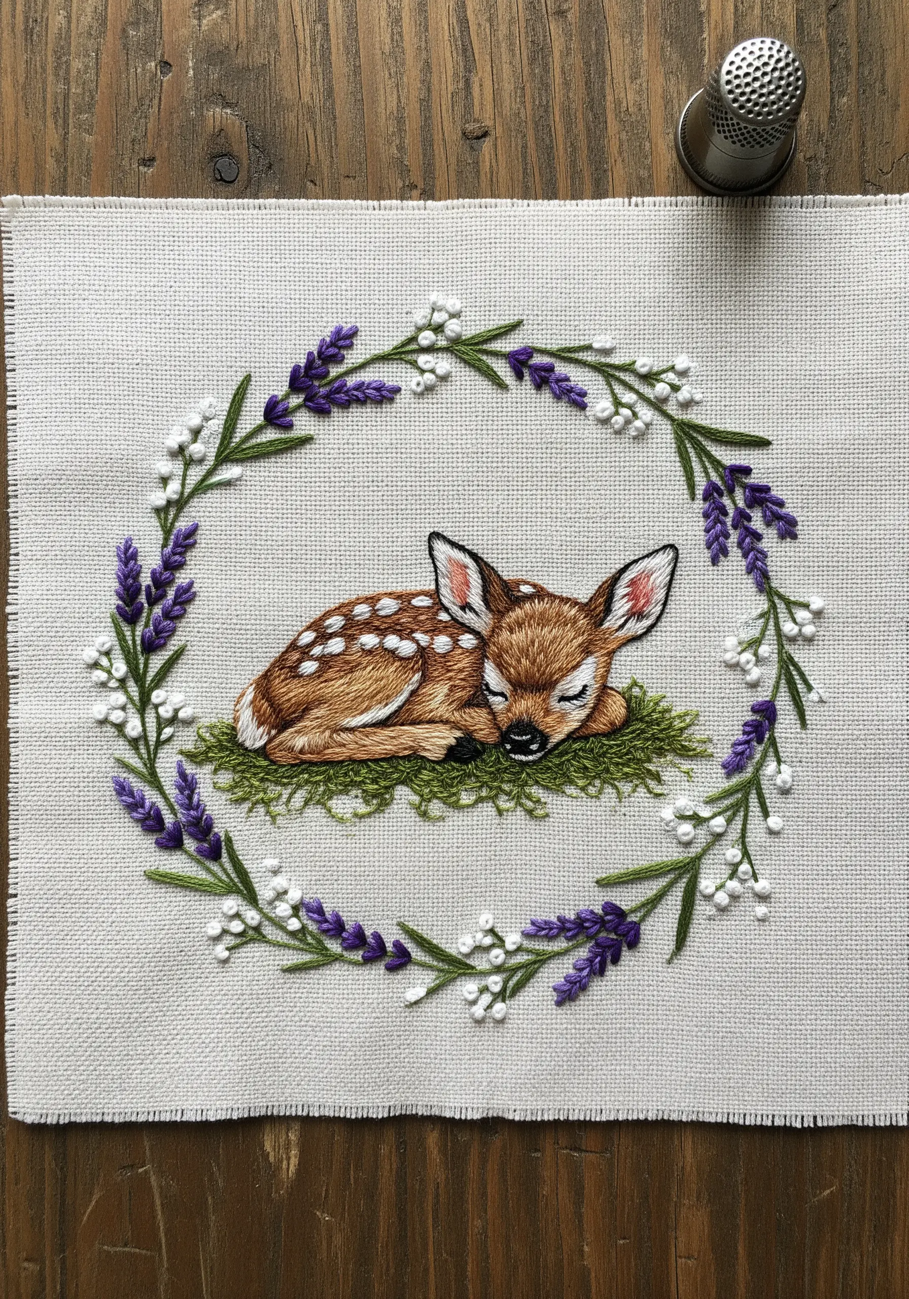 Embroidered sleeping fawn with realistic fur achieved through thread painting.