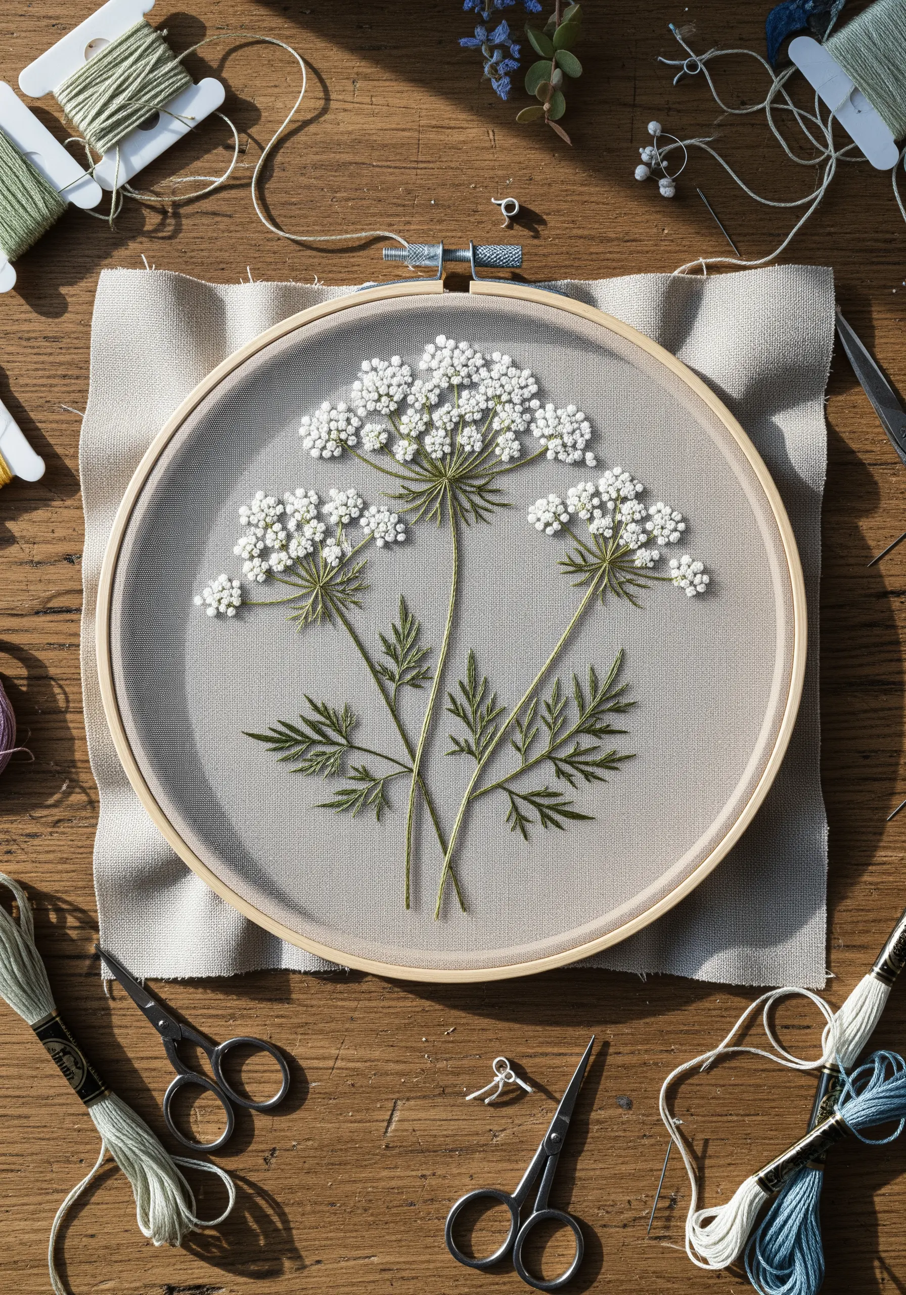 Embroidery hoop with Queen Anne's Lace made of tiny white French knots and green stems.