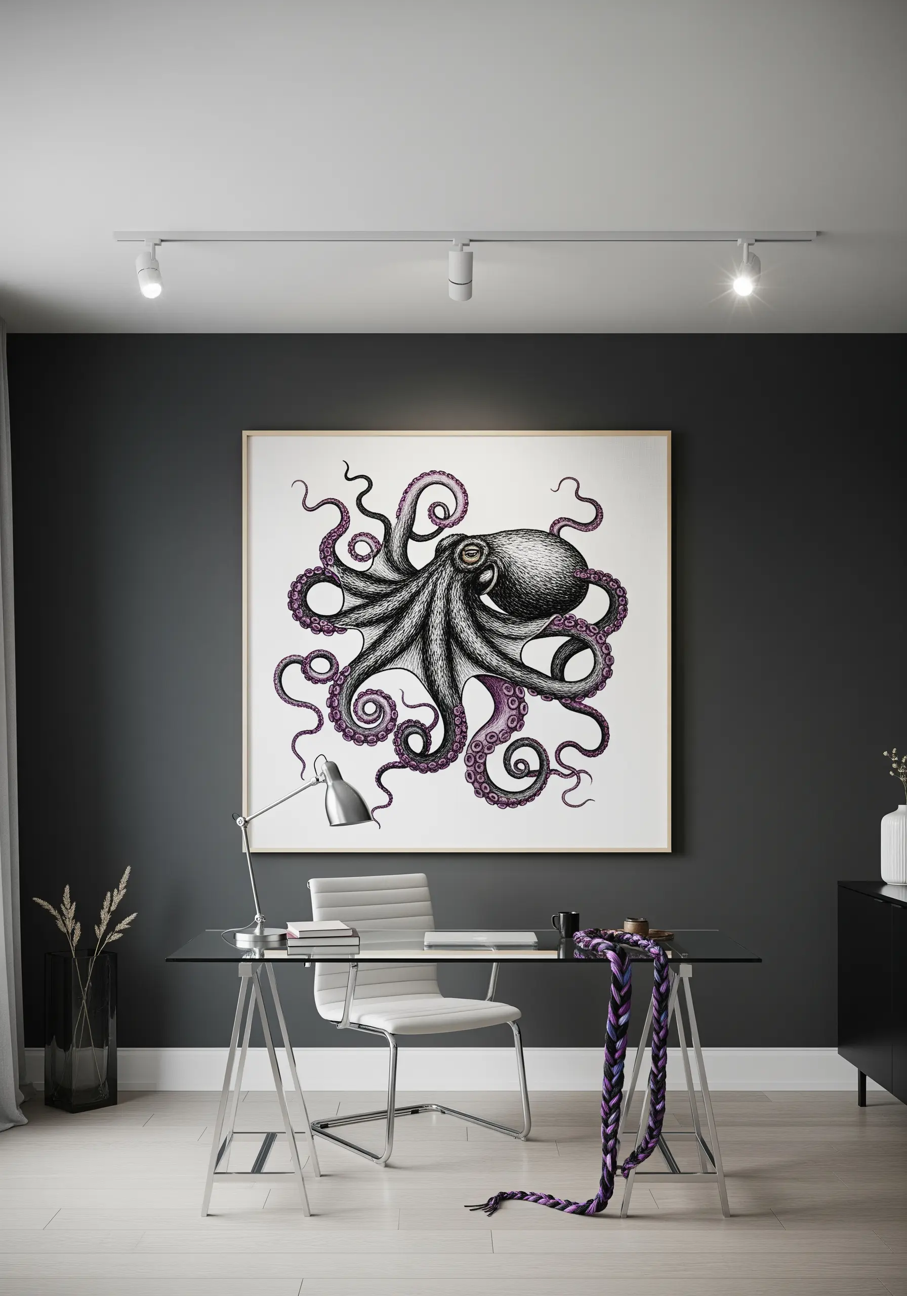 Large, detailed black and purple embroidered octopus on a white background.