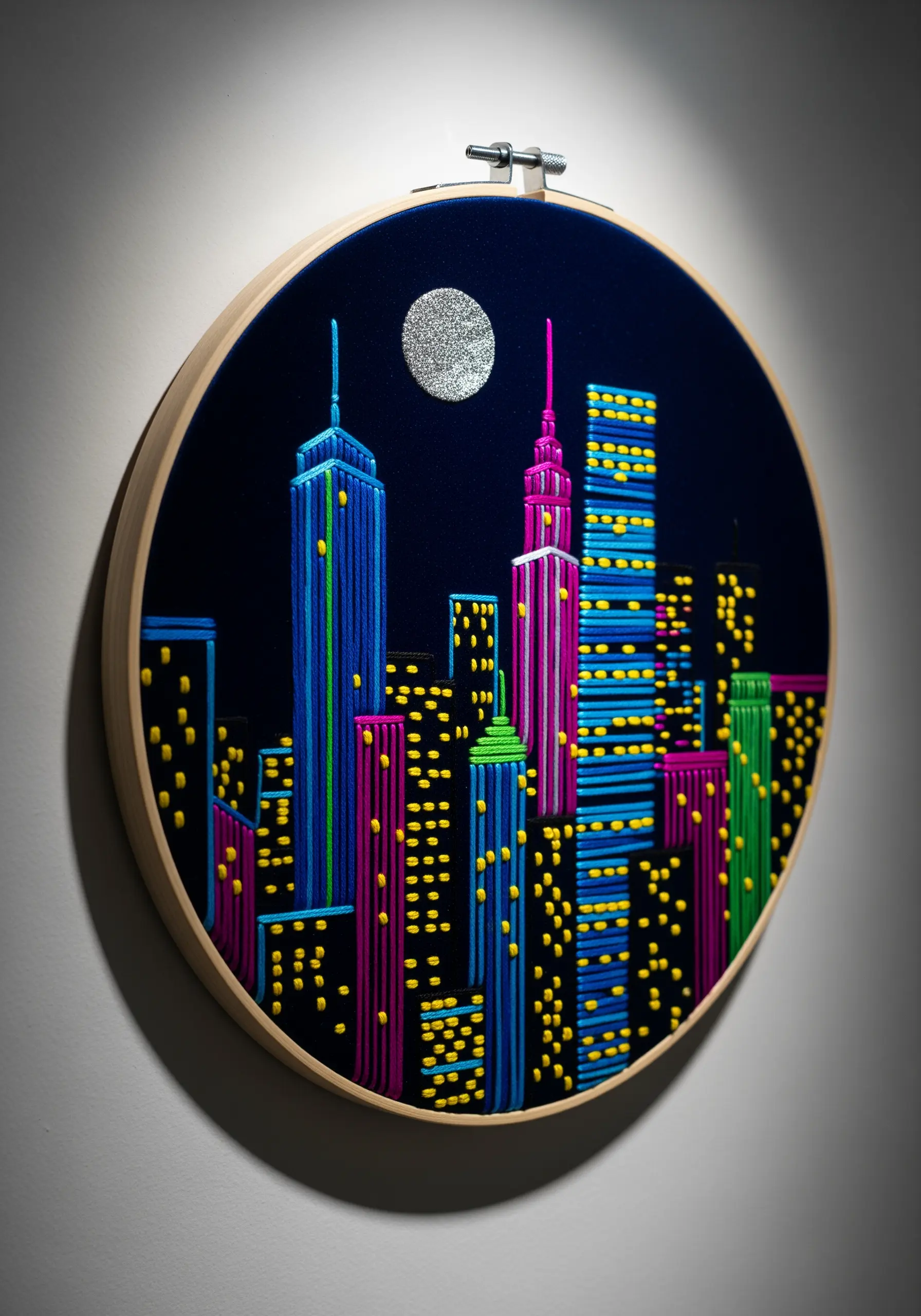 Neon embroidery of a city skyline with a textured silver moon in a hoop.