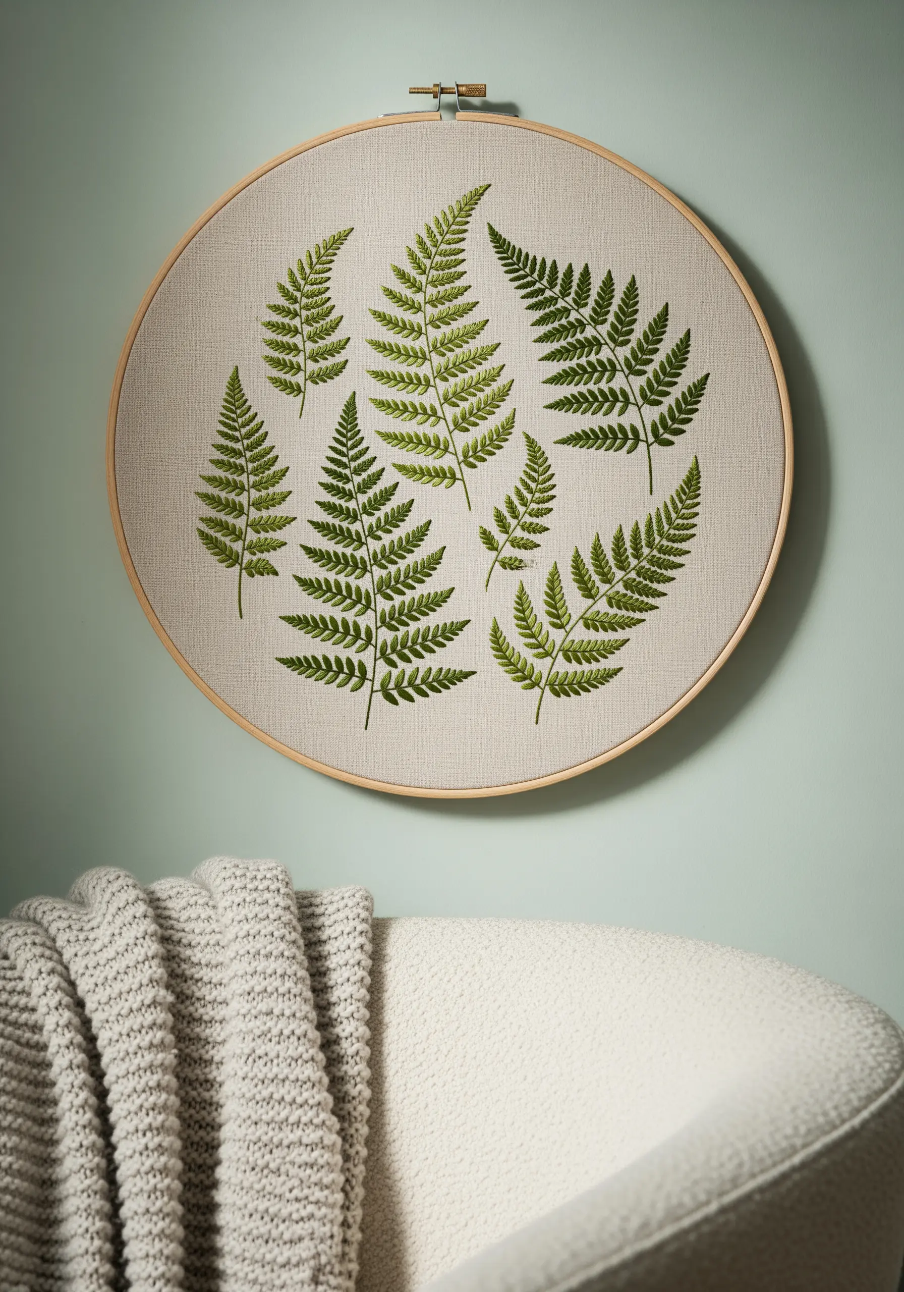 Embroidery hoop with seven realistic green fern fronds on a neutral linen fabric.