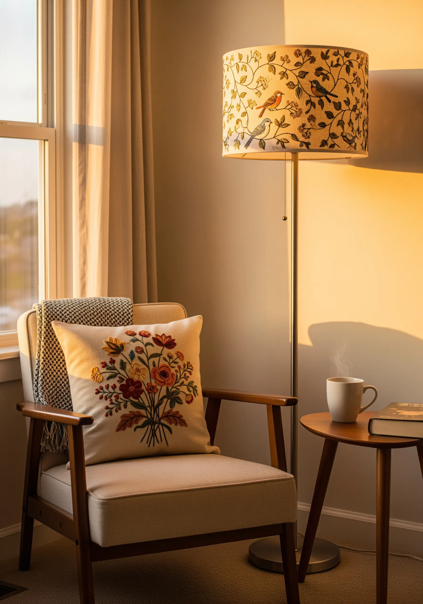 A close-up of a floral bouquet embroidered on a cream-colored pillow with painterly detail.
