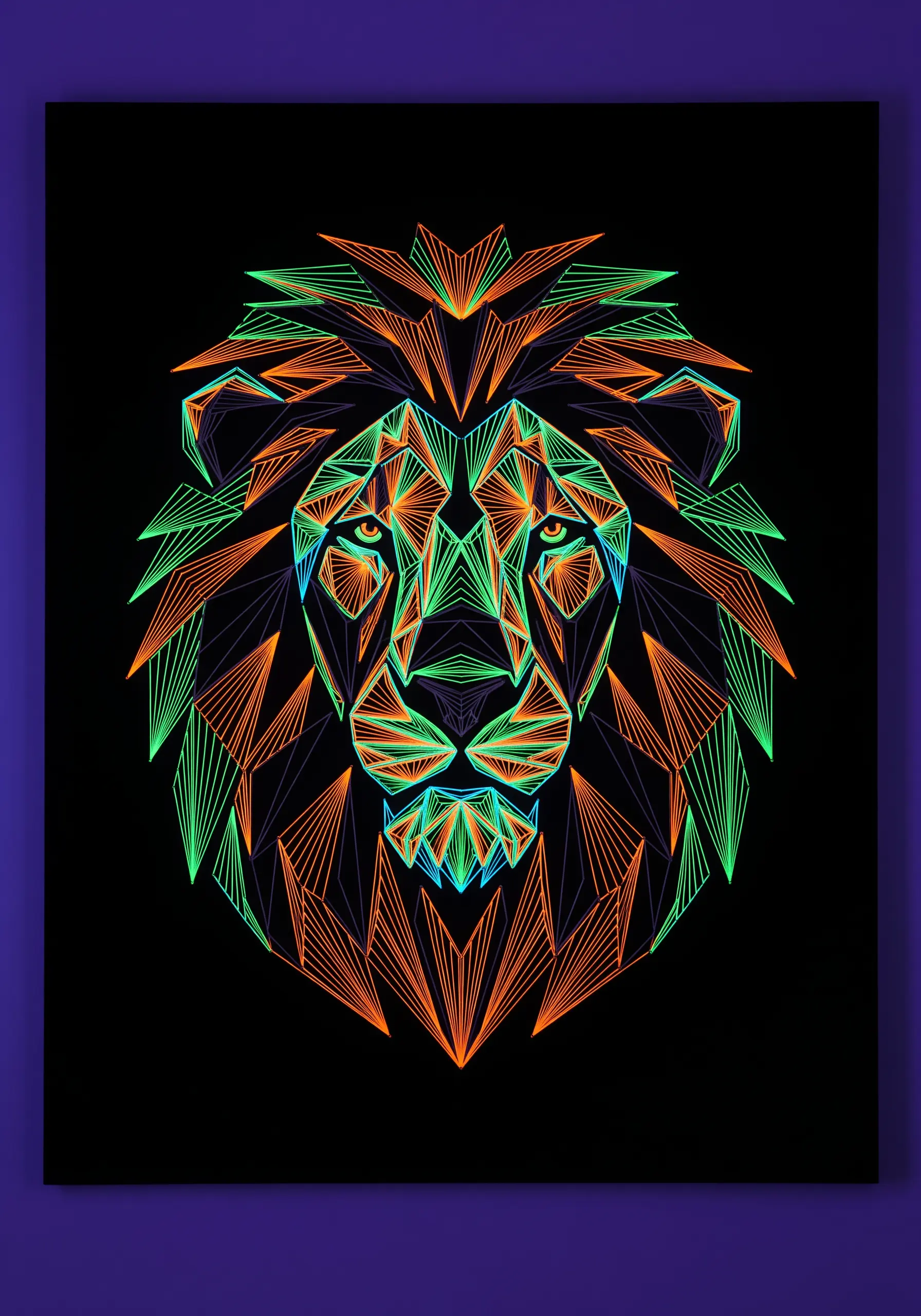 Geometric lion face stitched with neon orange and green thread on black fabric.