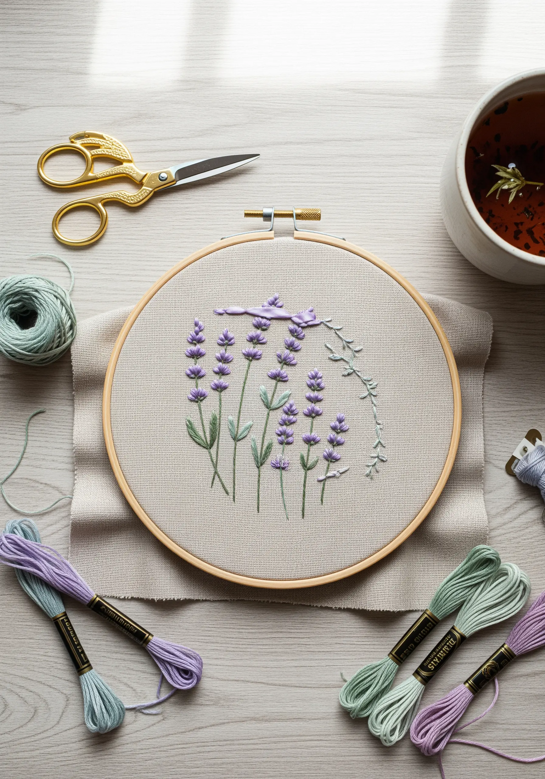 Embroidery hoop with textured lavender flowers and a silk ribbon bow