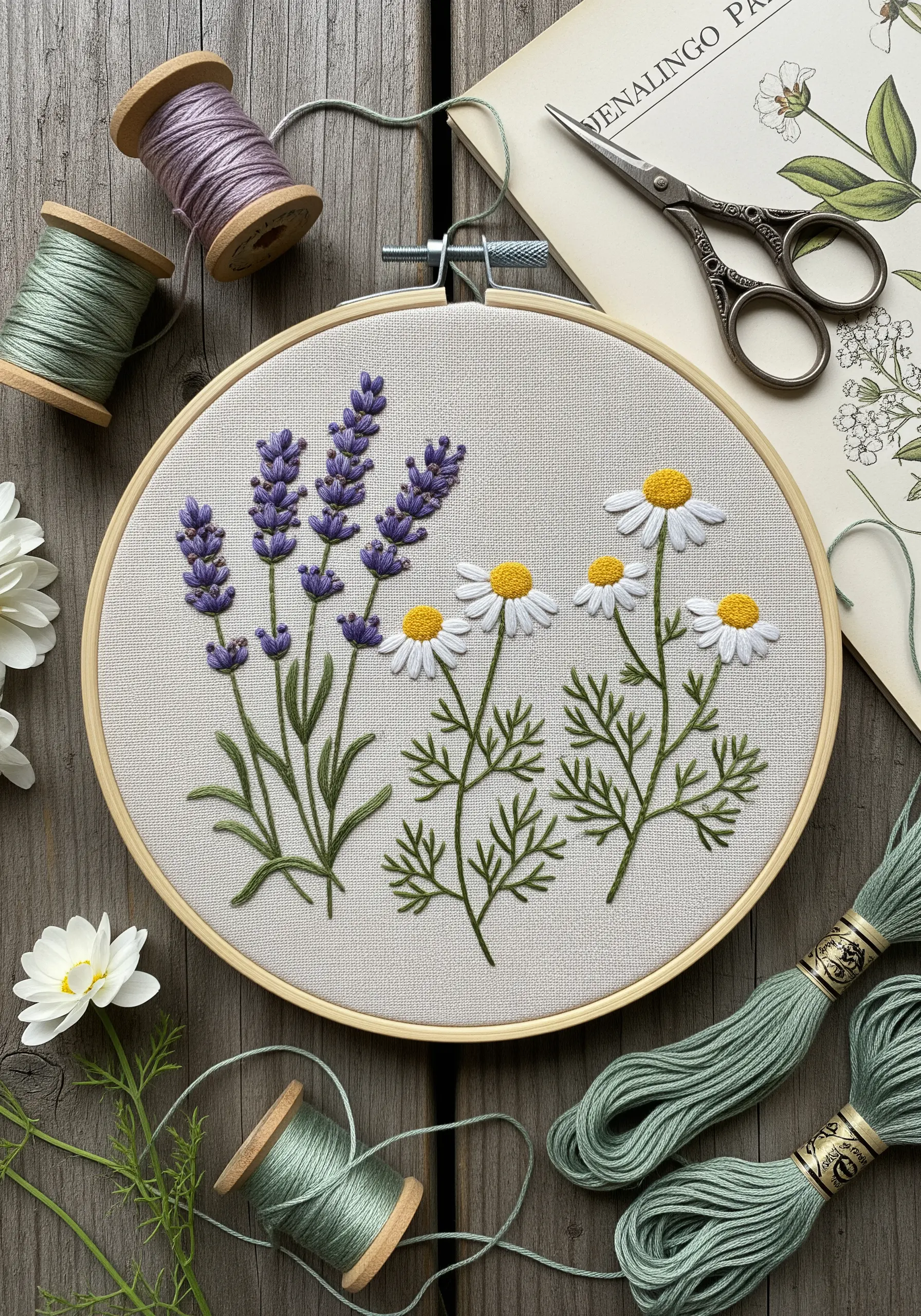 Embroidery of lavender and chamomile flowers with dimensional French knots and satin stitch.