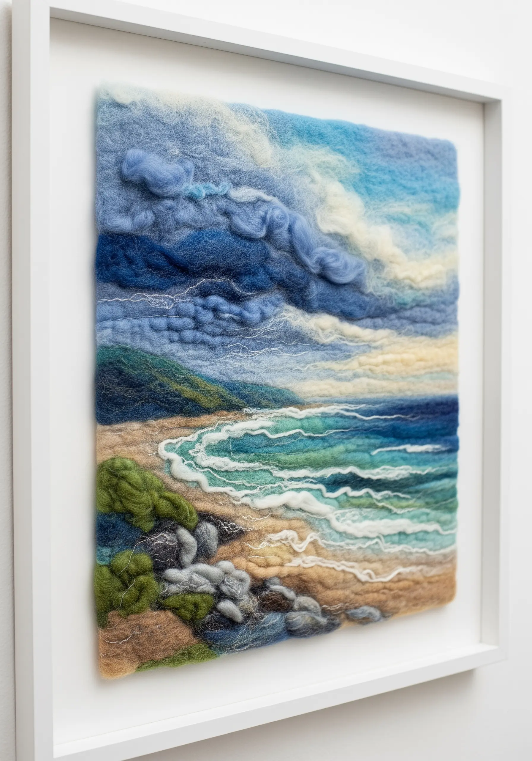 A framed needle-felted seascape with textured blue waves, a sandy shore, and cloudy sky.