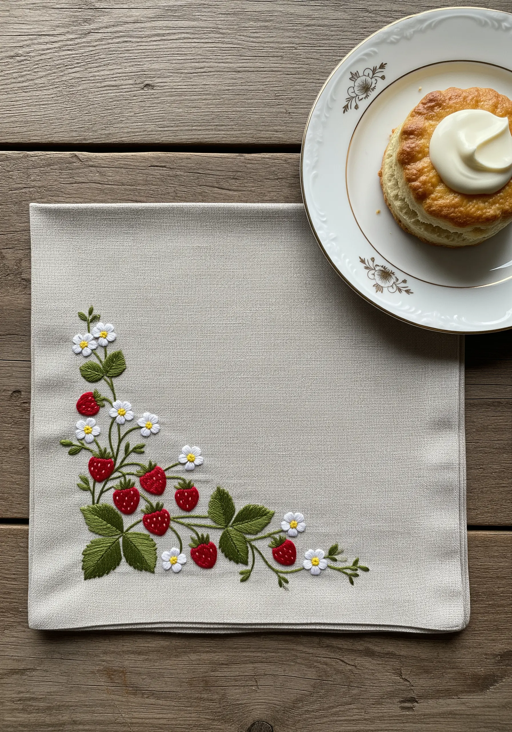 Corner motif of embroidered strawberries with white flowers and green leaves on a linen napkin.