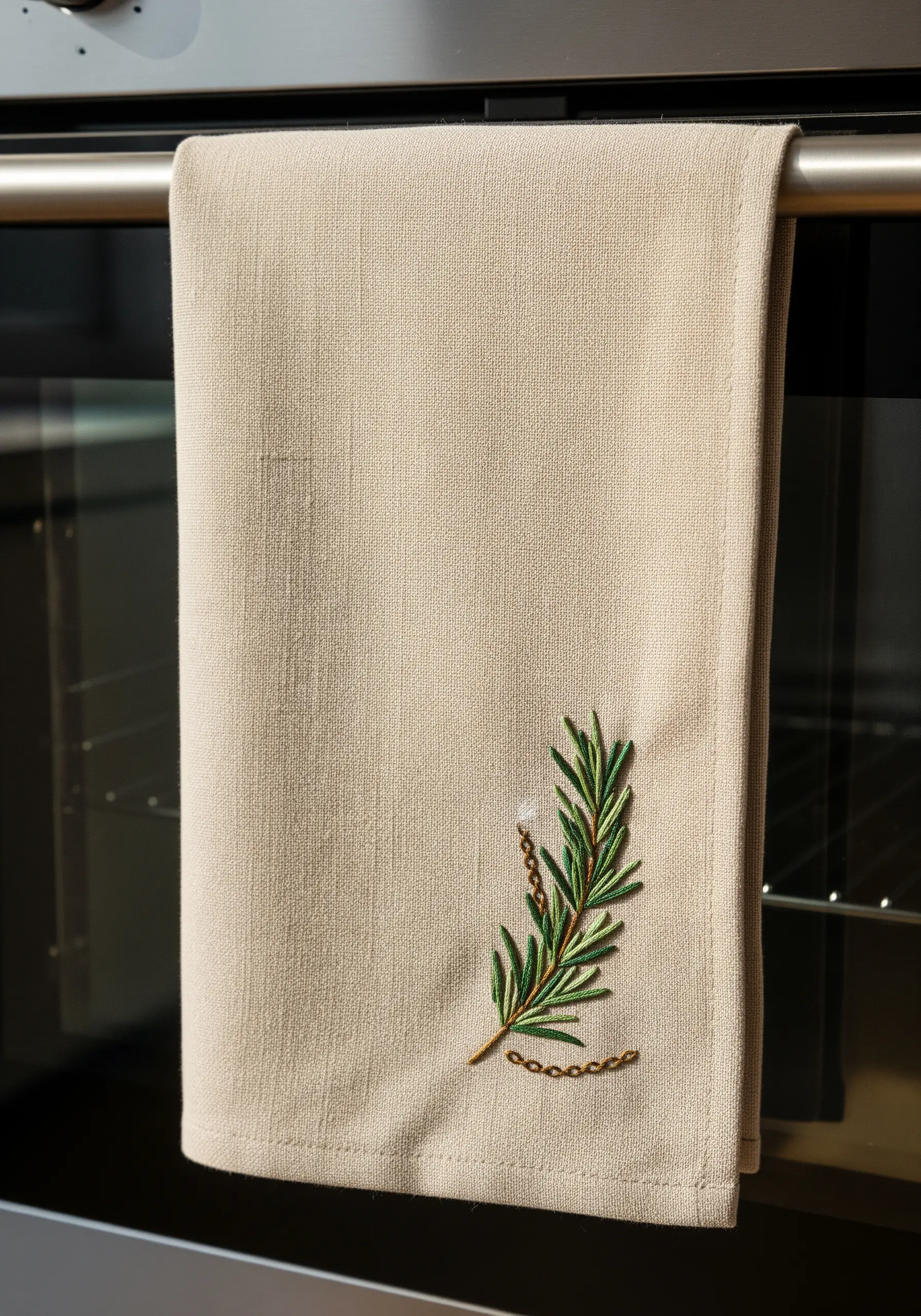 Embroidered rosemary sprig with gold chain stitch detail on a beige linen kitchen towel.