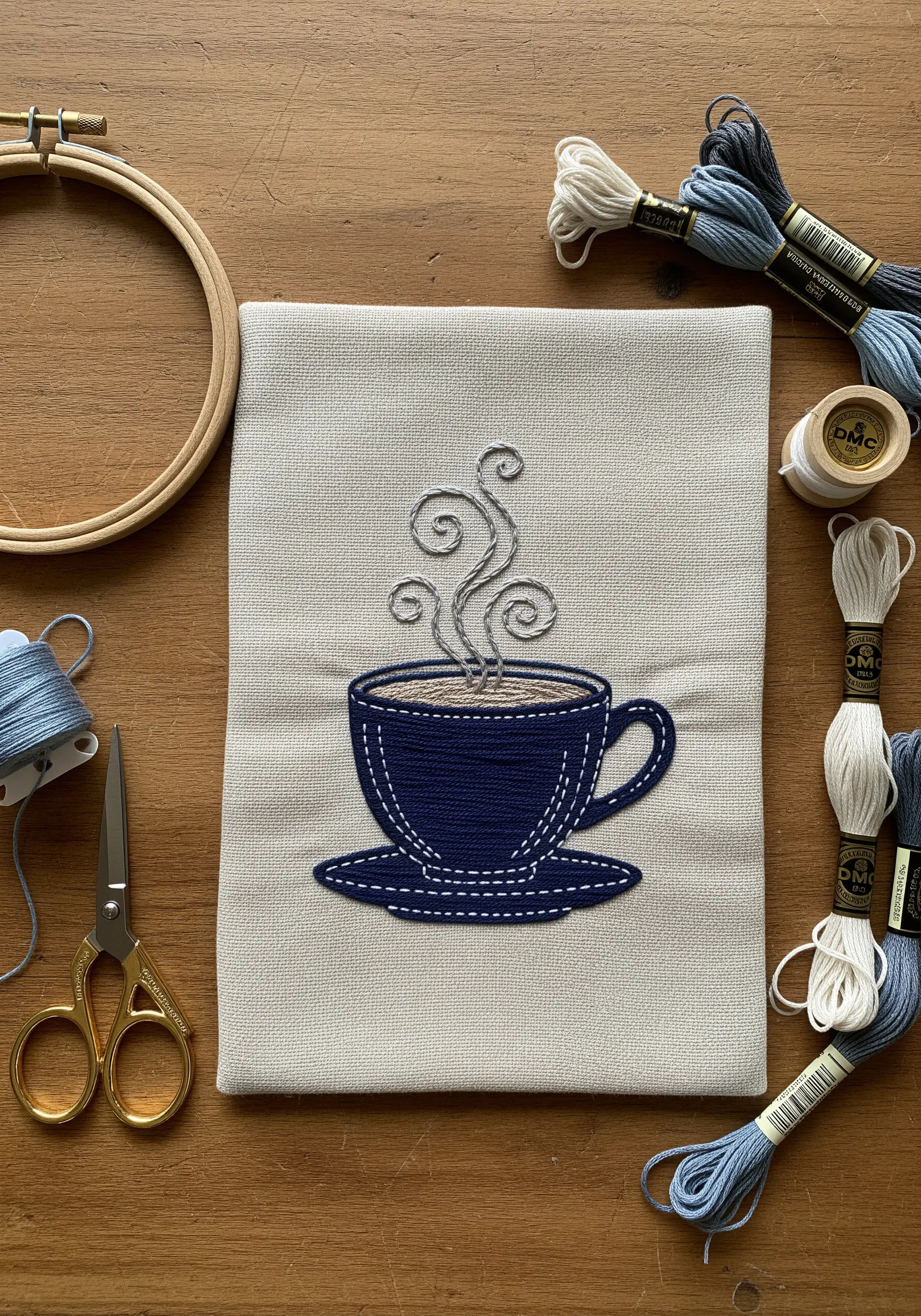 Embroidered blue coffee cup with shimmering metallic thread for steam on a neutral fabric.