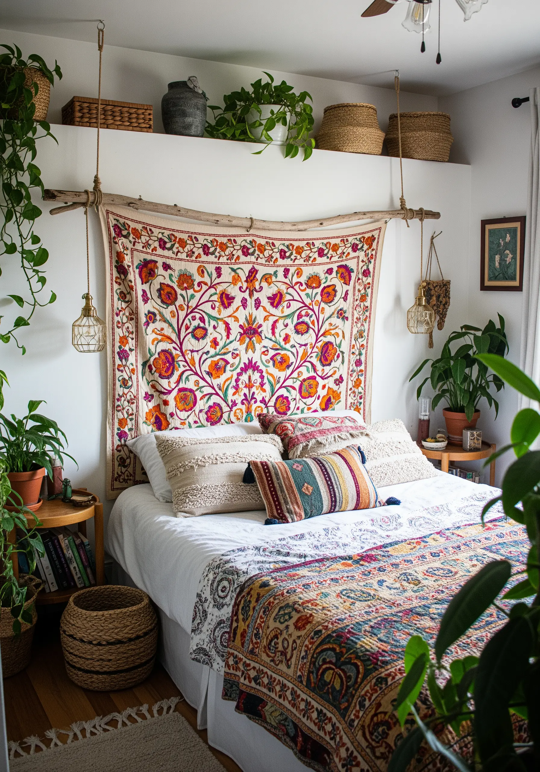 A vibrant floral embroidered tapestry hanging from a wooden branch as a headboard.