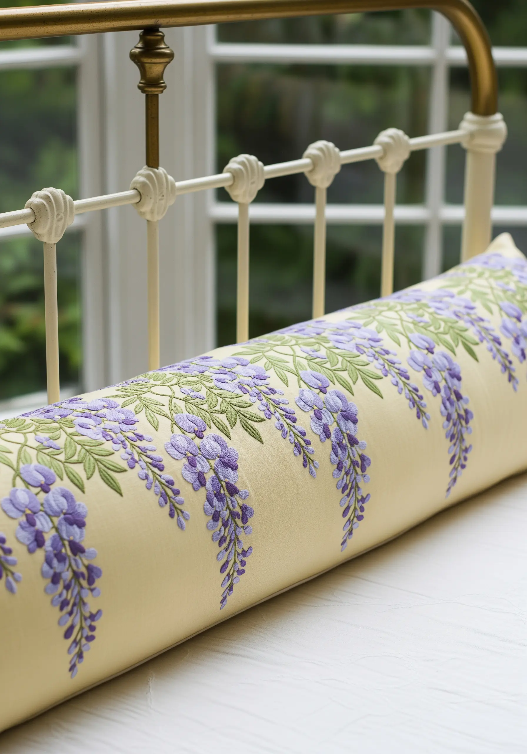 A long bolster pillow decorated with a repeating pattern of embroidered purple wisteria.