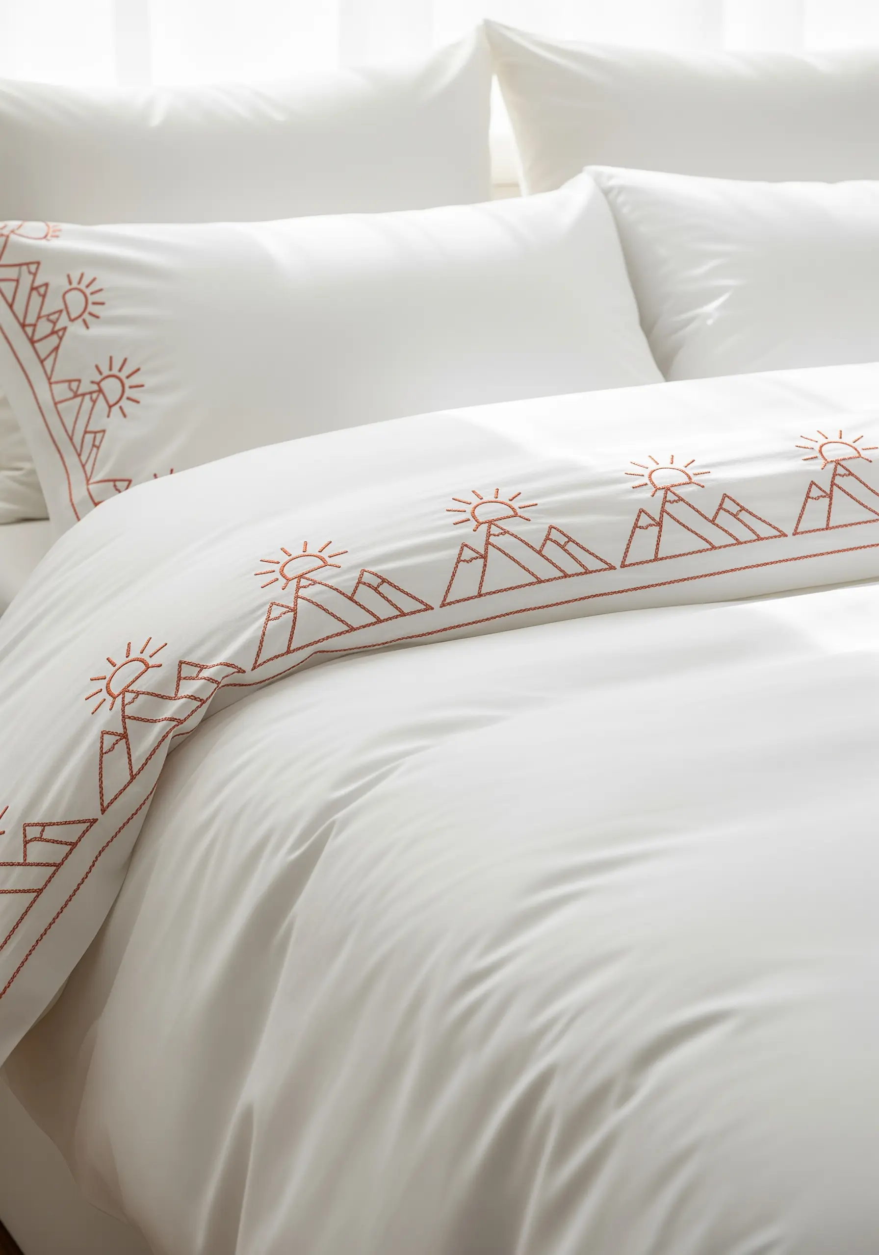 A repeating mountain and sun line-art pattern embroidered along the edge of a white duvet cover.