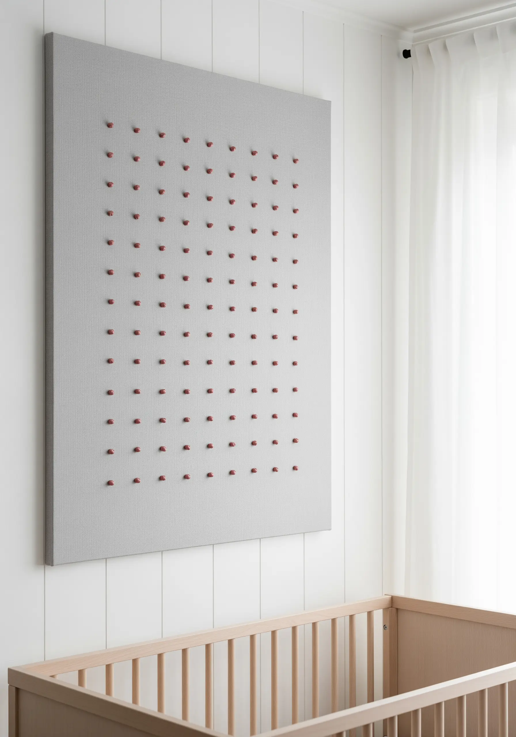 A precise grid of tiny red French knots on a large grey canvas.
