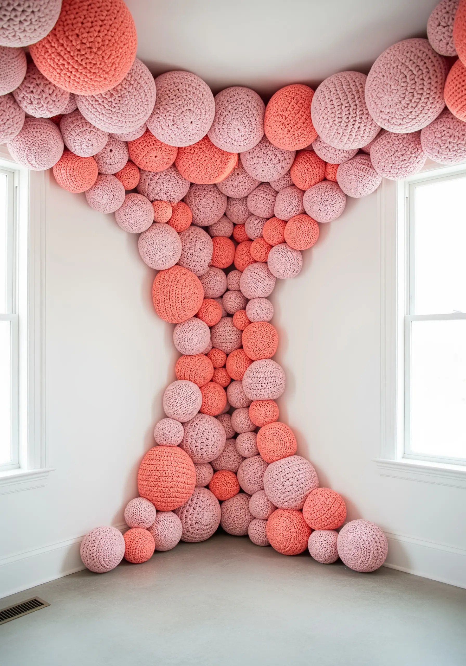 Corner installation filled with hundreds of pink crochet spheres