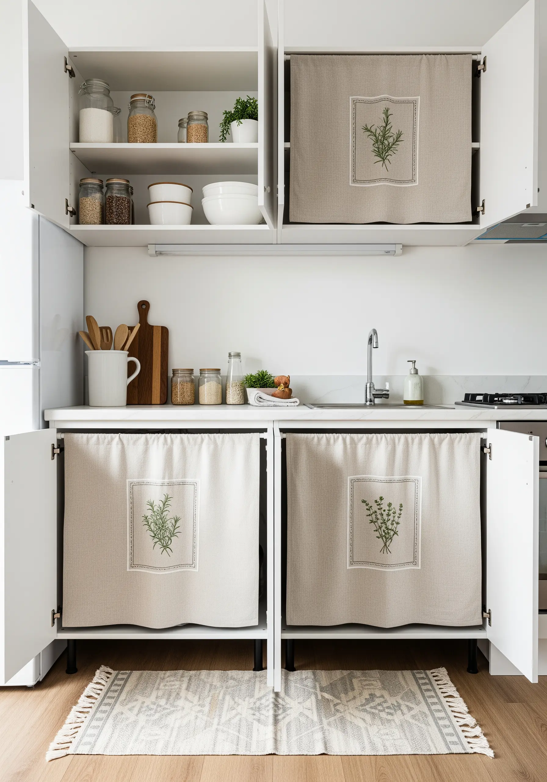 Kitchen cabinets with fabric curtains featuring simple embroidered herb designs.