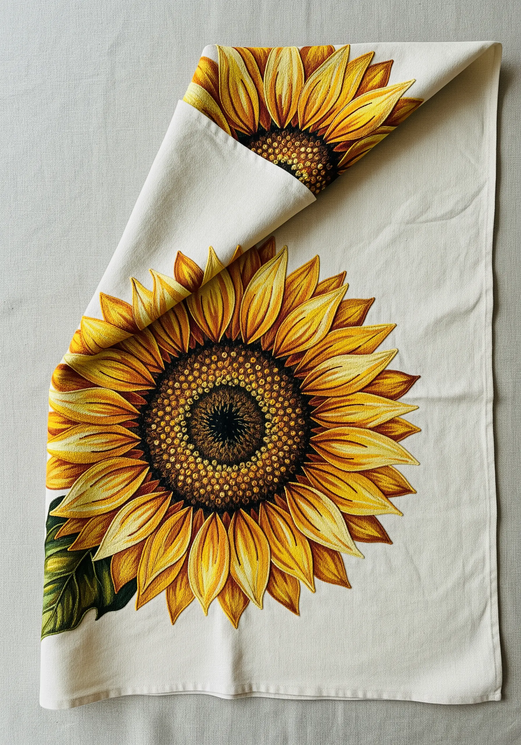 A large, realistically thread-painted sunflower covering most of a linen kitchen towel.