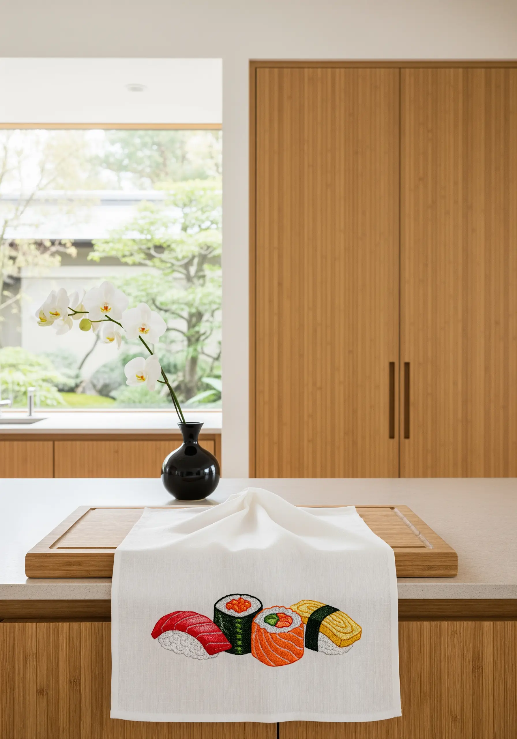A realistic and colorful lineup of embroidered sushi and nigiri on a white towel.