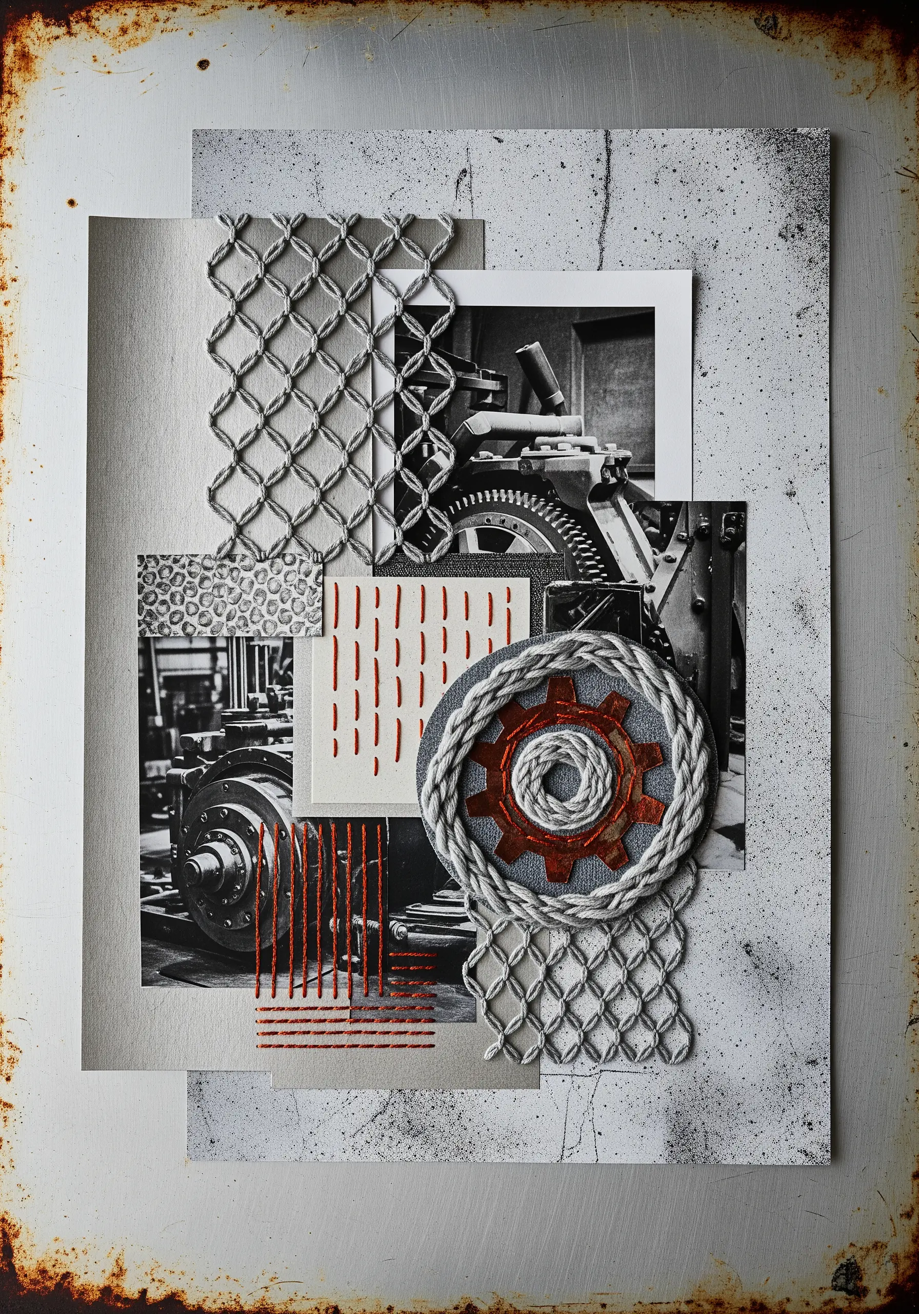 An industrial-themed collage featuring machine parts and embroidery that mimics a chain-link fence.