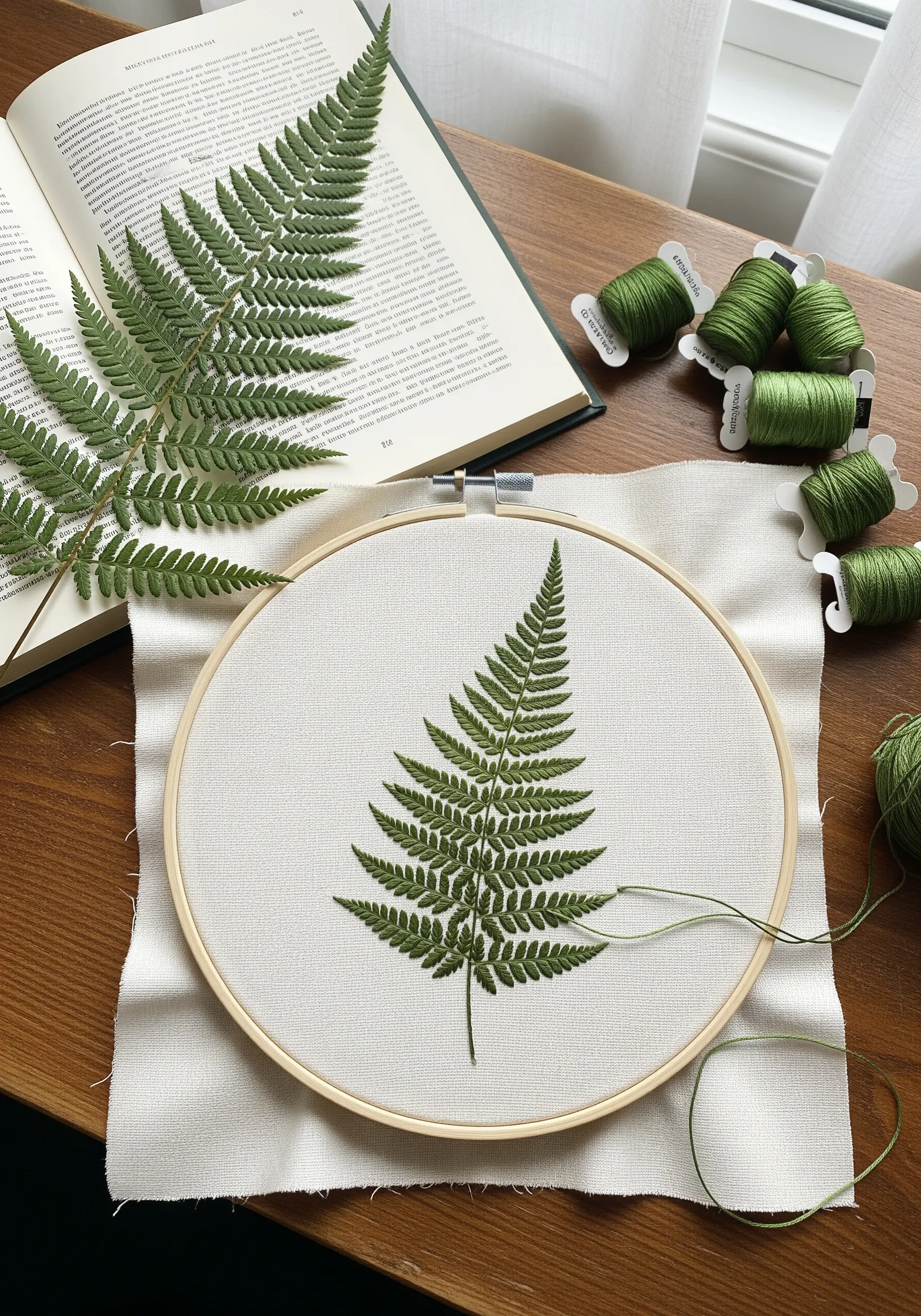 A hyperrealistic embroidered fern leaf on off-white fabric, stitched in shades of green.