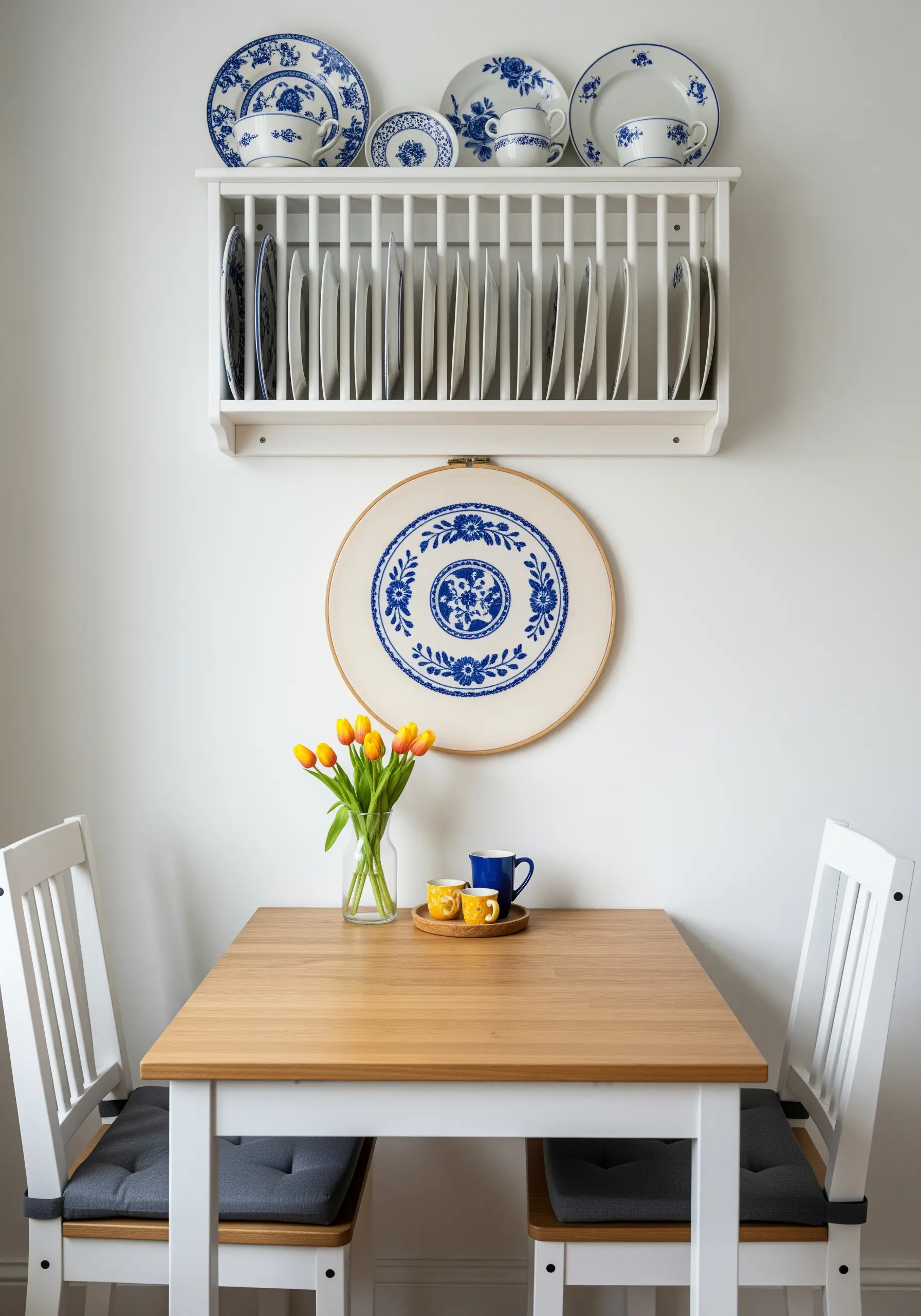 A large embroidery hoop with a blue-and-white floral pattern mimicking porcelain plates.
